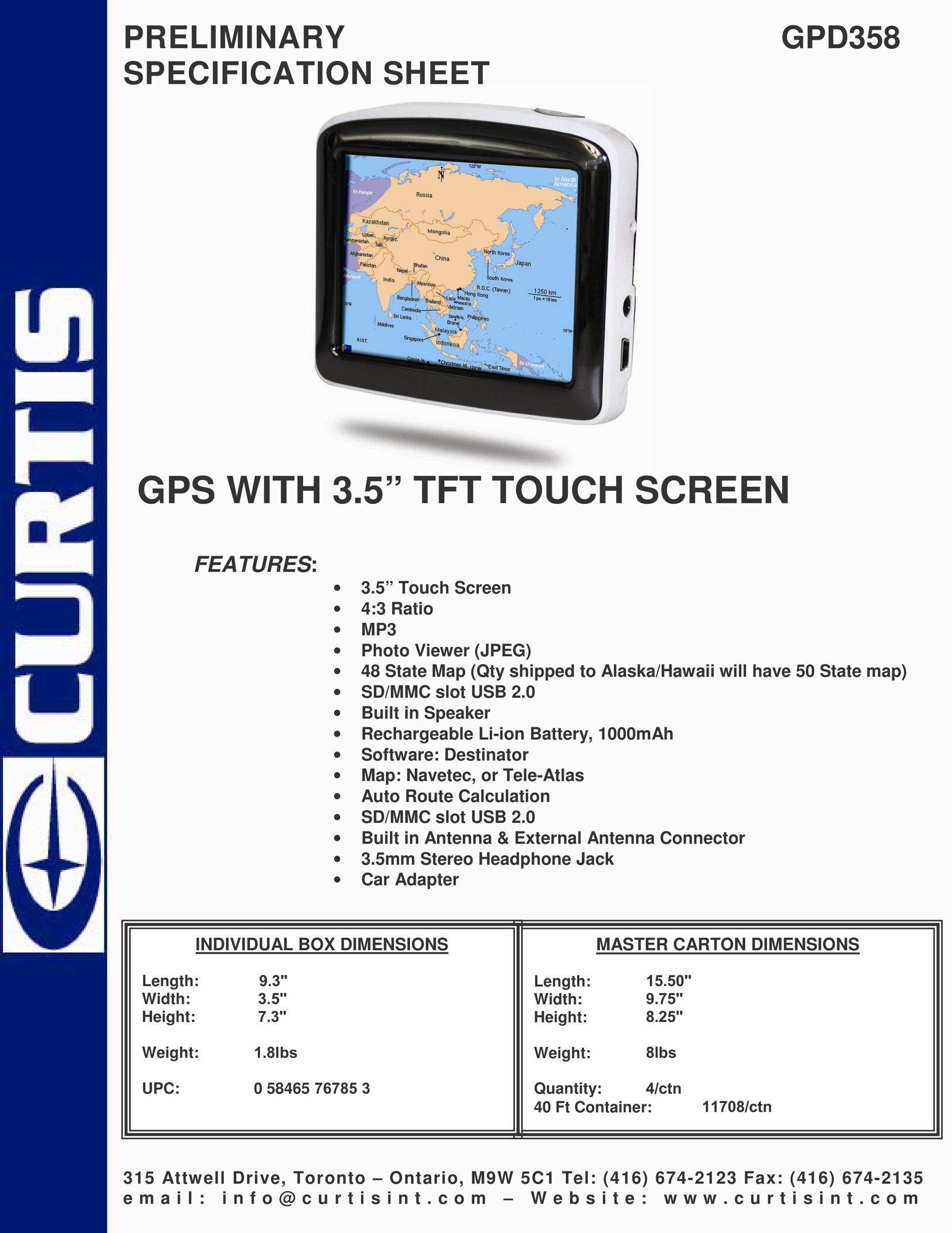 Curtis GPD358 Car Video System User Manual