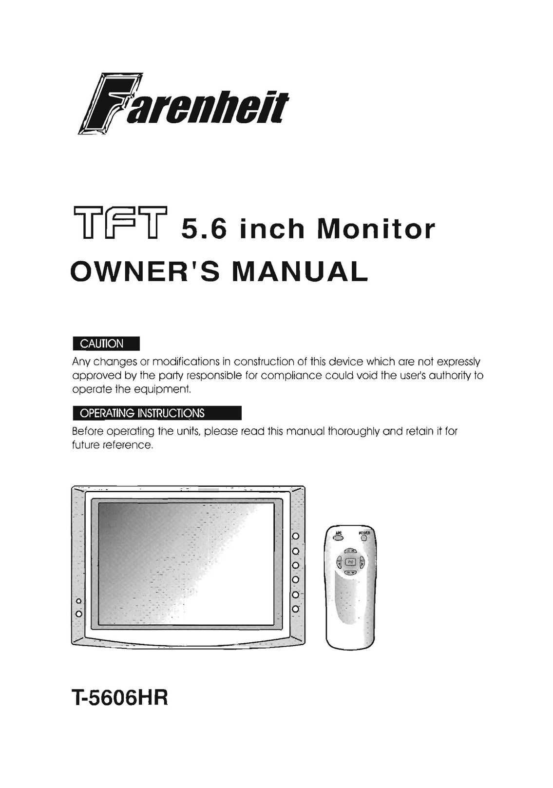 Farenheit Technologies T-5606HR Car Video System User Manual