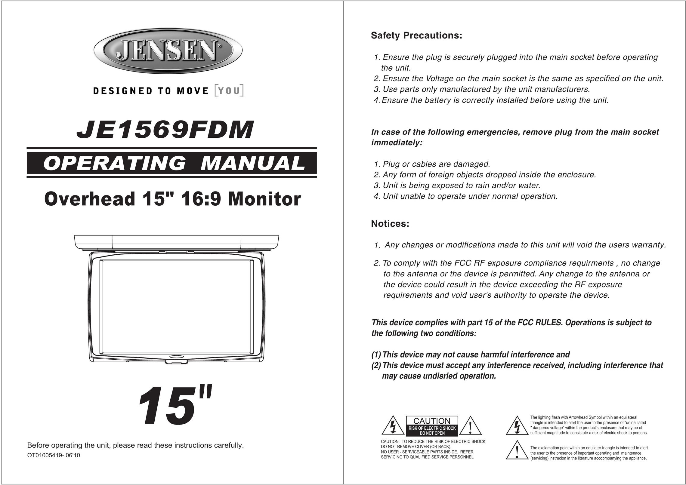 Jensen JE1569FDM Car Video System User Manual