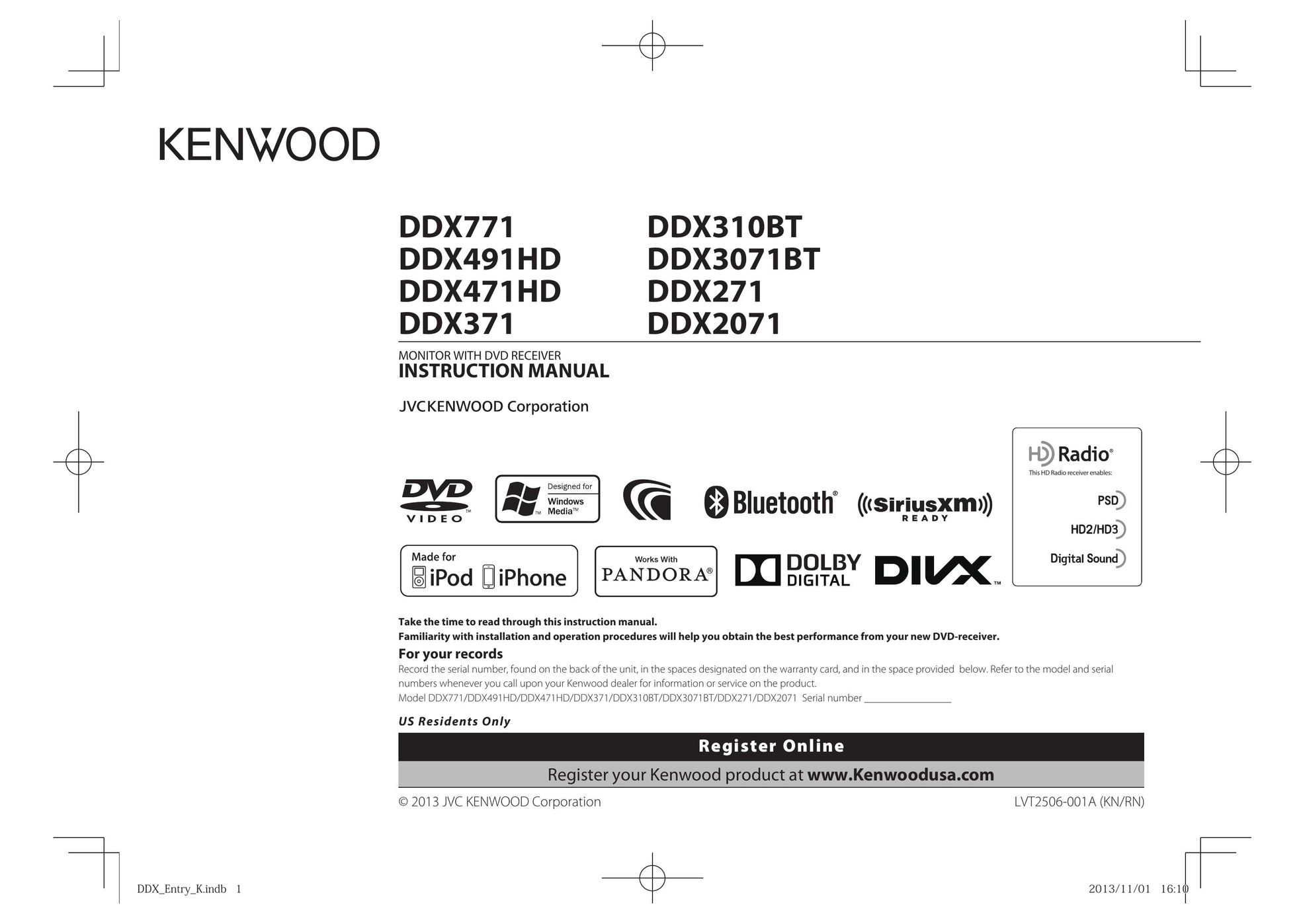 Kenwood DDX3071BT Car Video System User Manual