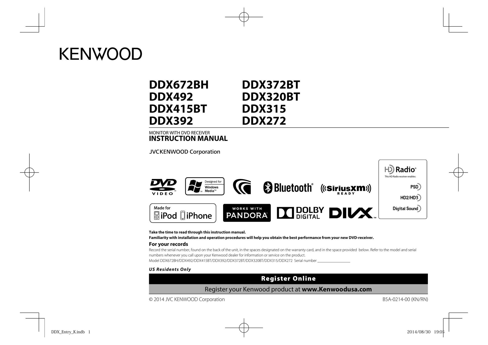 Kenwood DDX320BT Car Video System User Manual