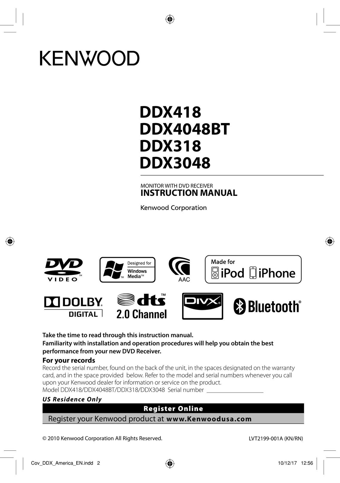 Kenwood DDX4048BT Car Video System User Manual