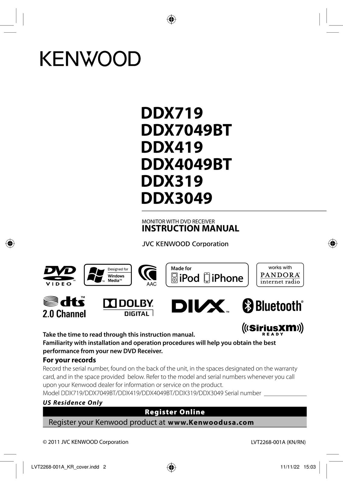 Kenwood DDX4049BT Car Video System User Manual