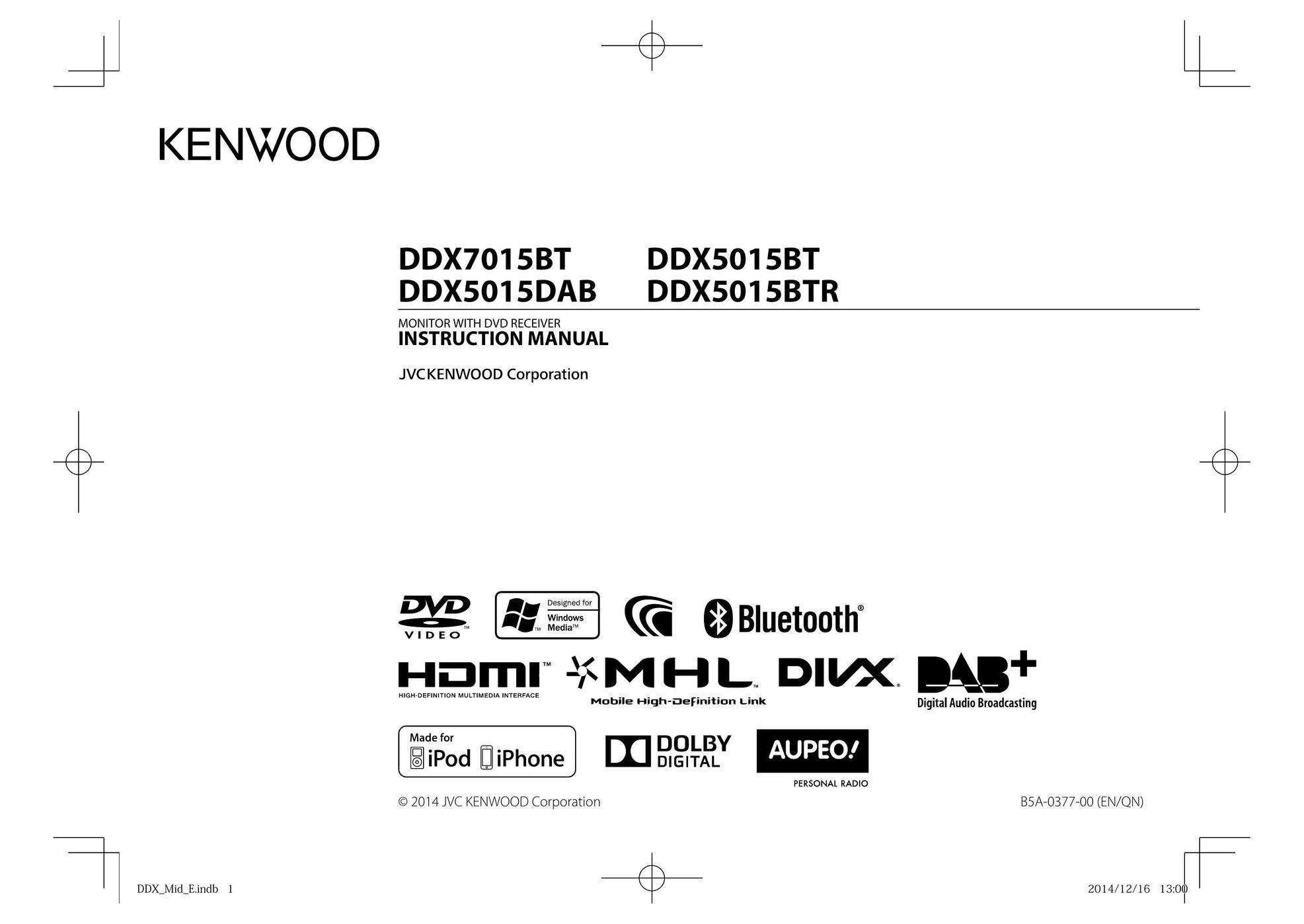 Kenwood DDX5015BT Car Video System User Manual