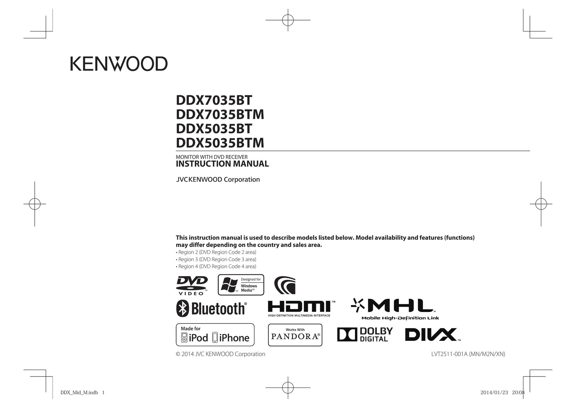 Kenwood DDX5035BT Car Video System User Manual