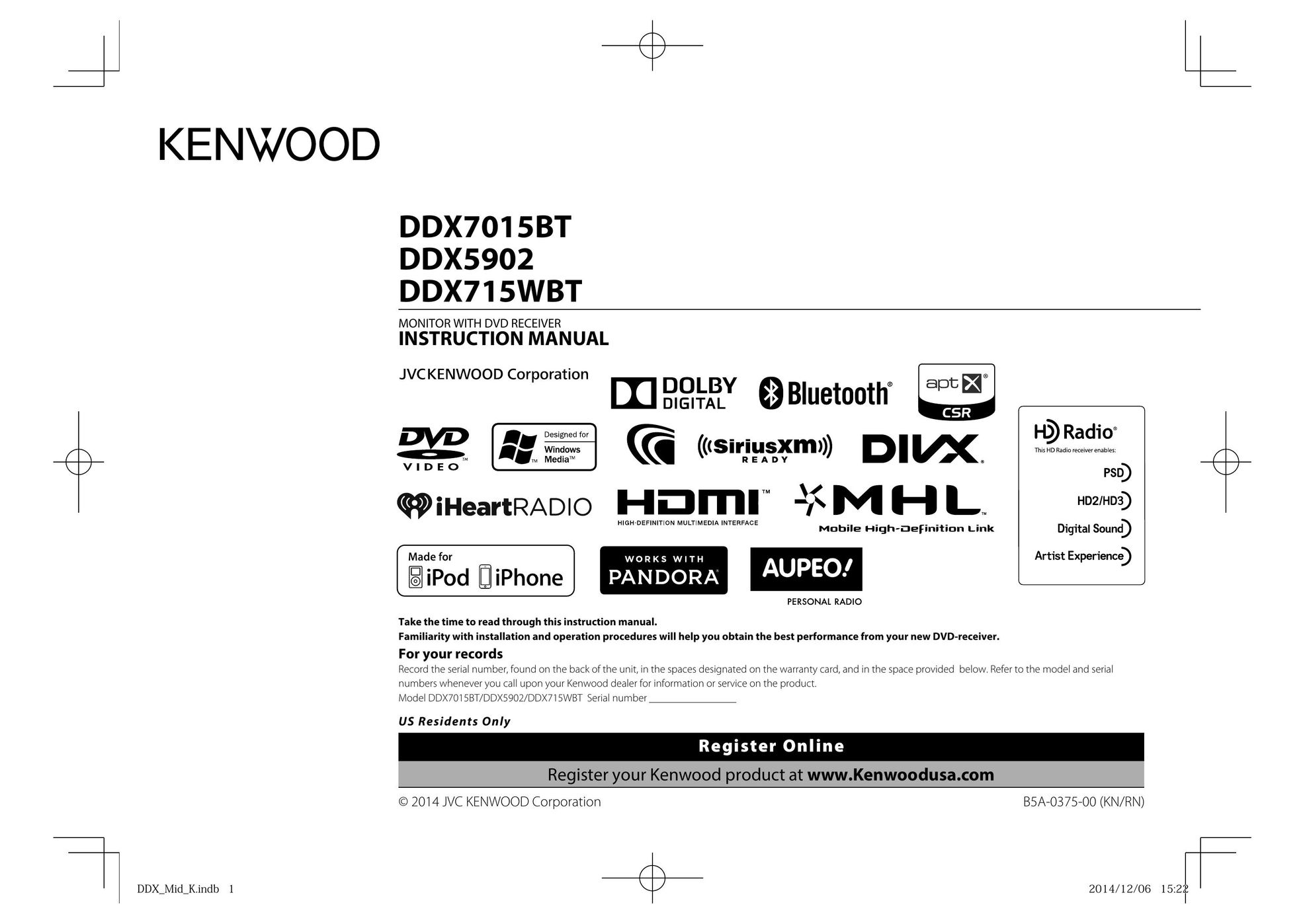 Kenwood DDX5902 Car Video System User Manual