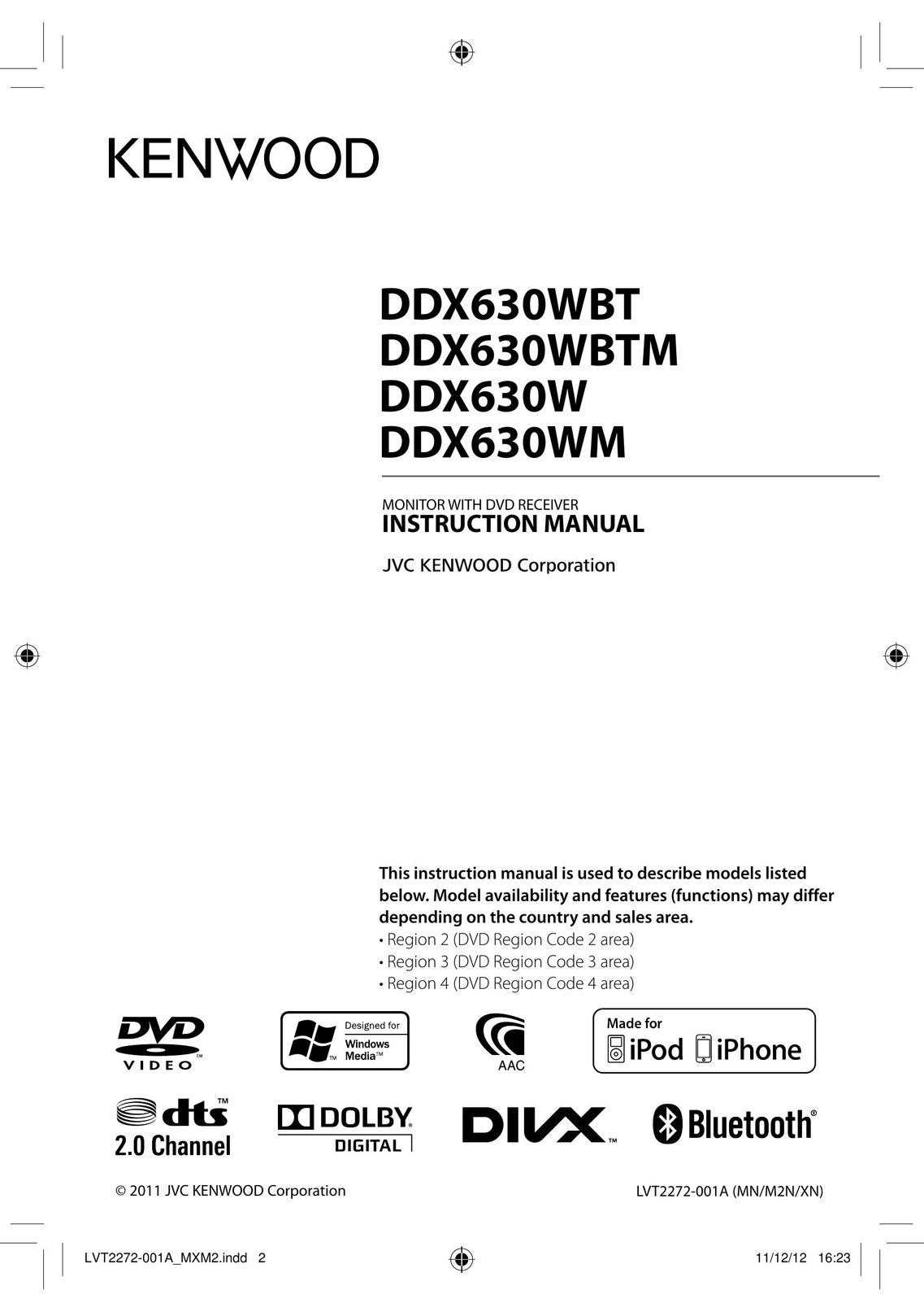 Kenwood DDX630WBT Car Video System User Manual