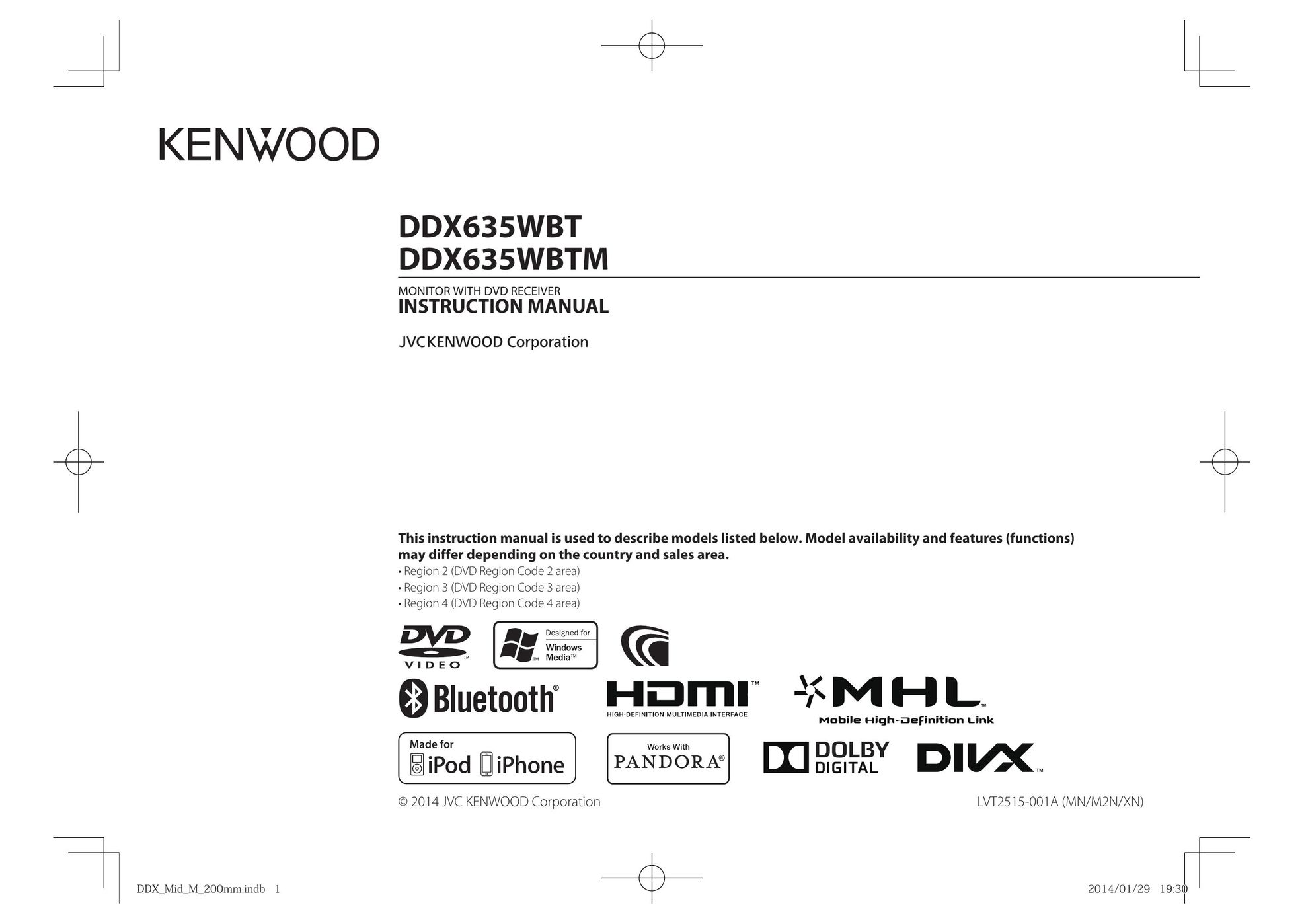 Kenwood DDX635WBT Car Video System User Manual