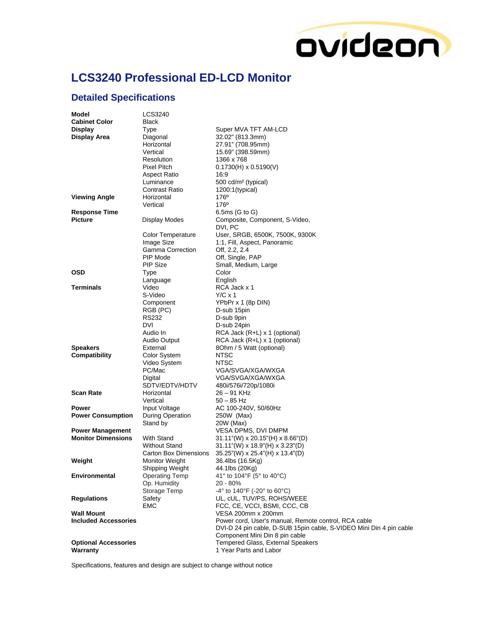 Ovideon LCS3240 Car Video System User Manual