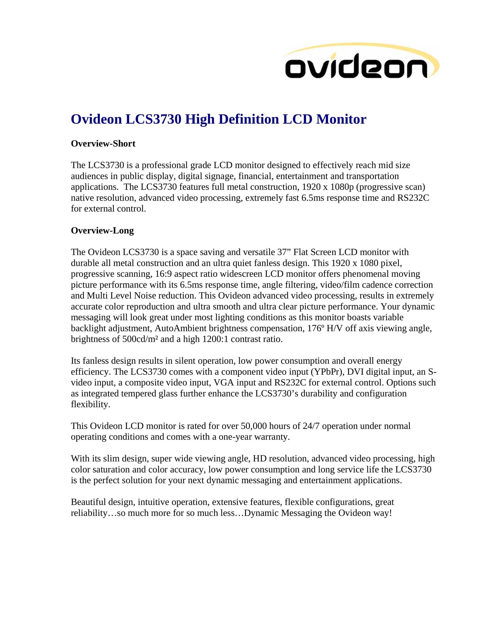 Ovideon LCS3730 Car Video System User Manual