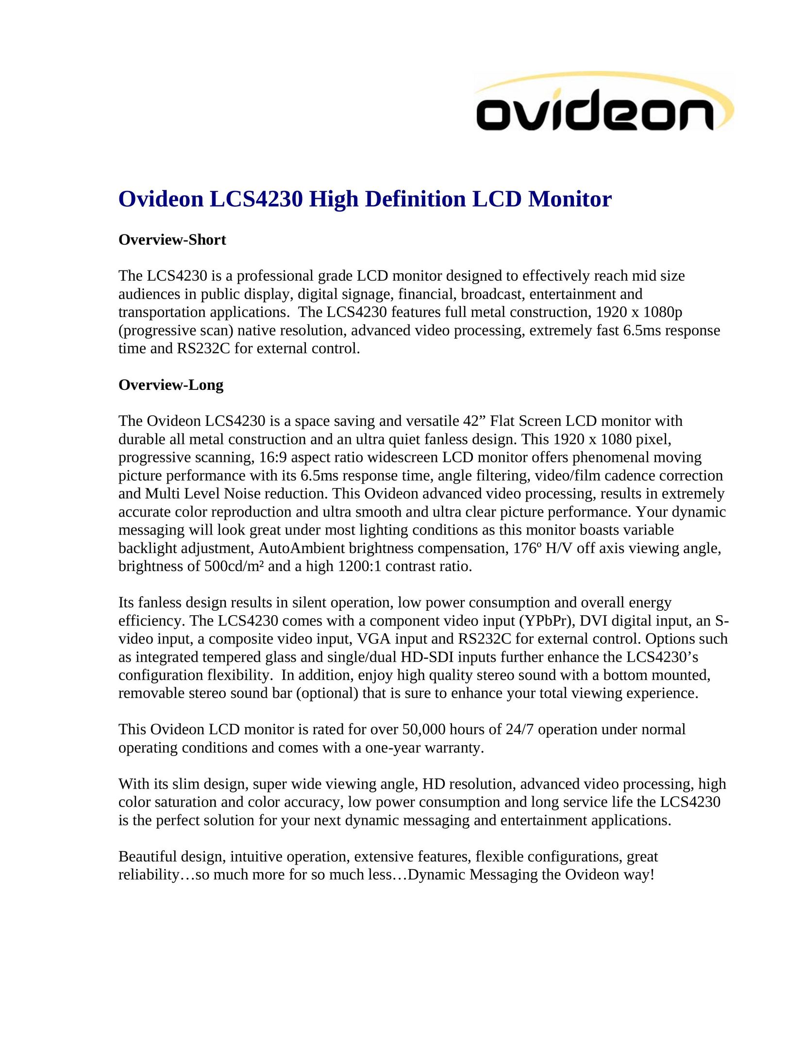 Ovideon LCS4230 Car Video System User Manual