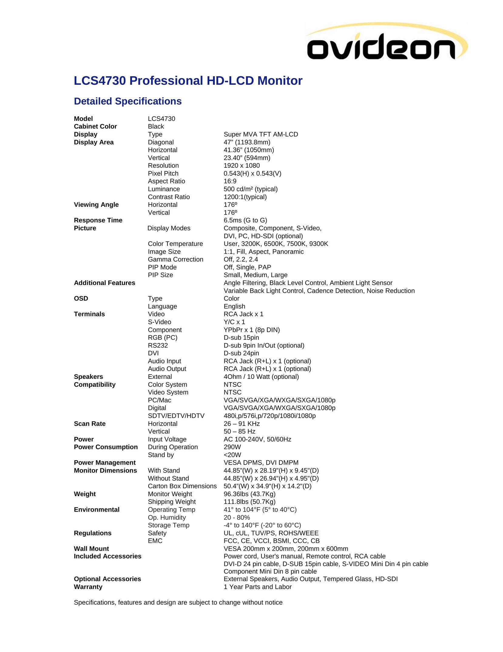 Ovideon LCS4730 Car Video System User Manual