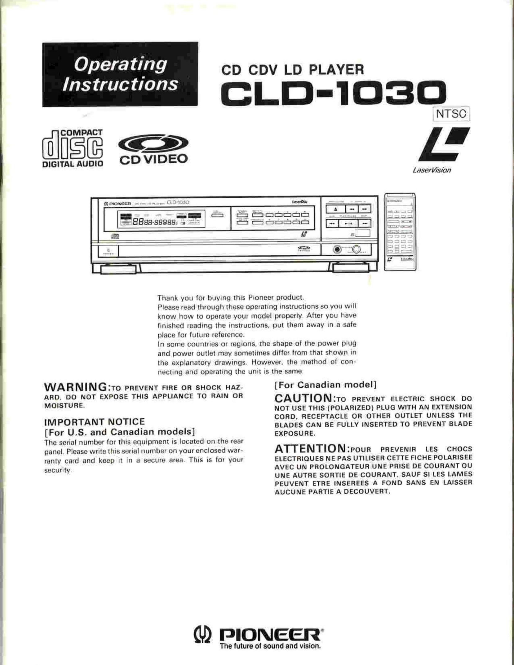 Pioneer CLD-1030 Car Video System User Manual