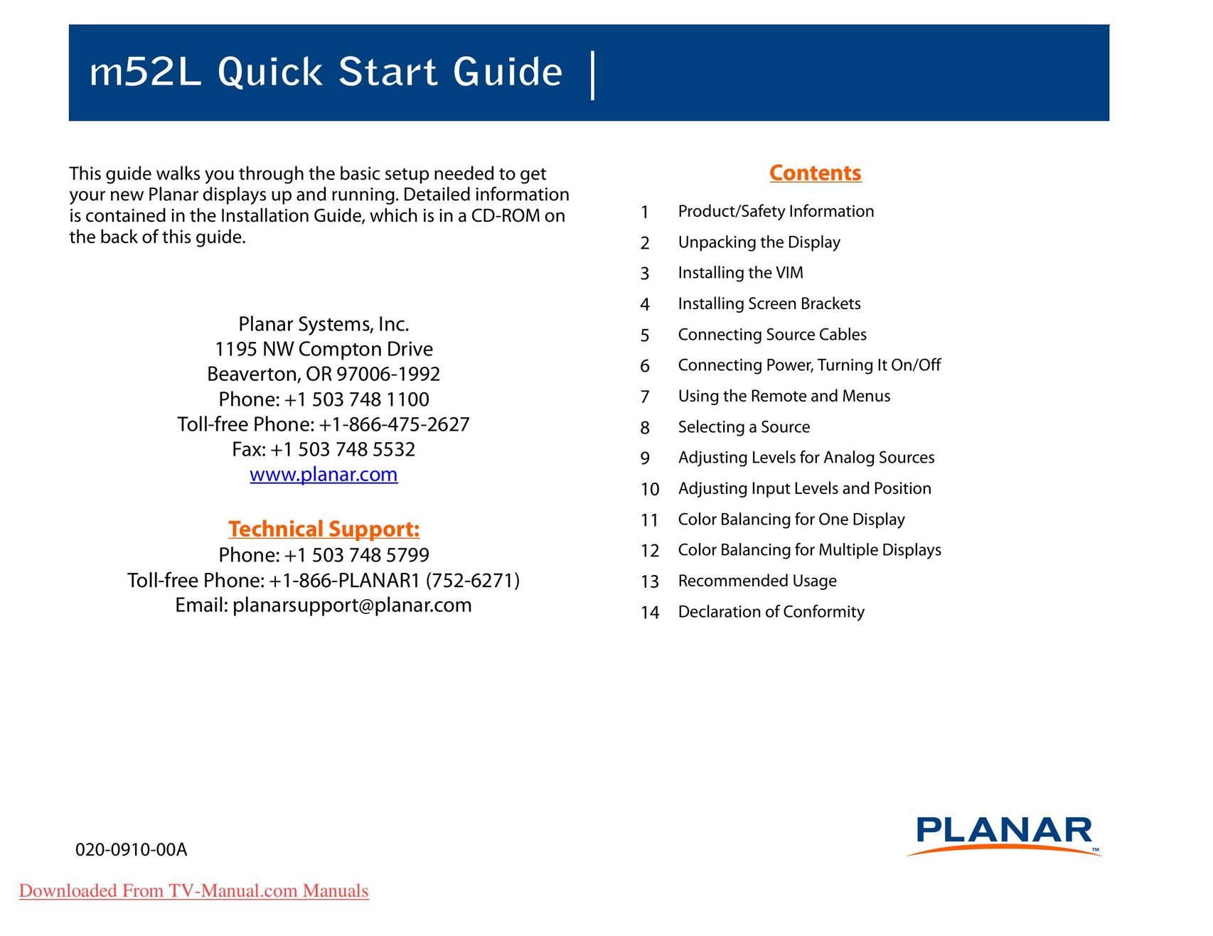 Planar m52L Car Video System User Manual