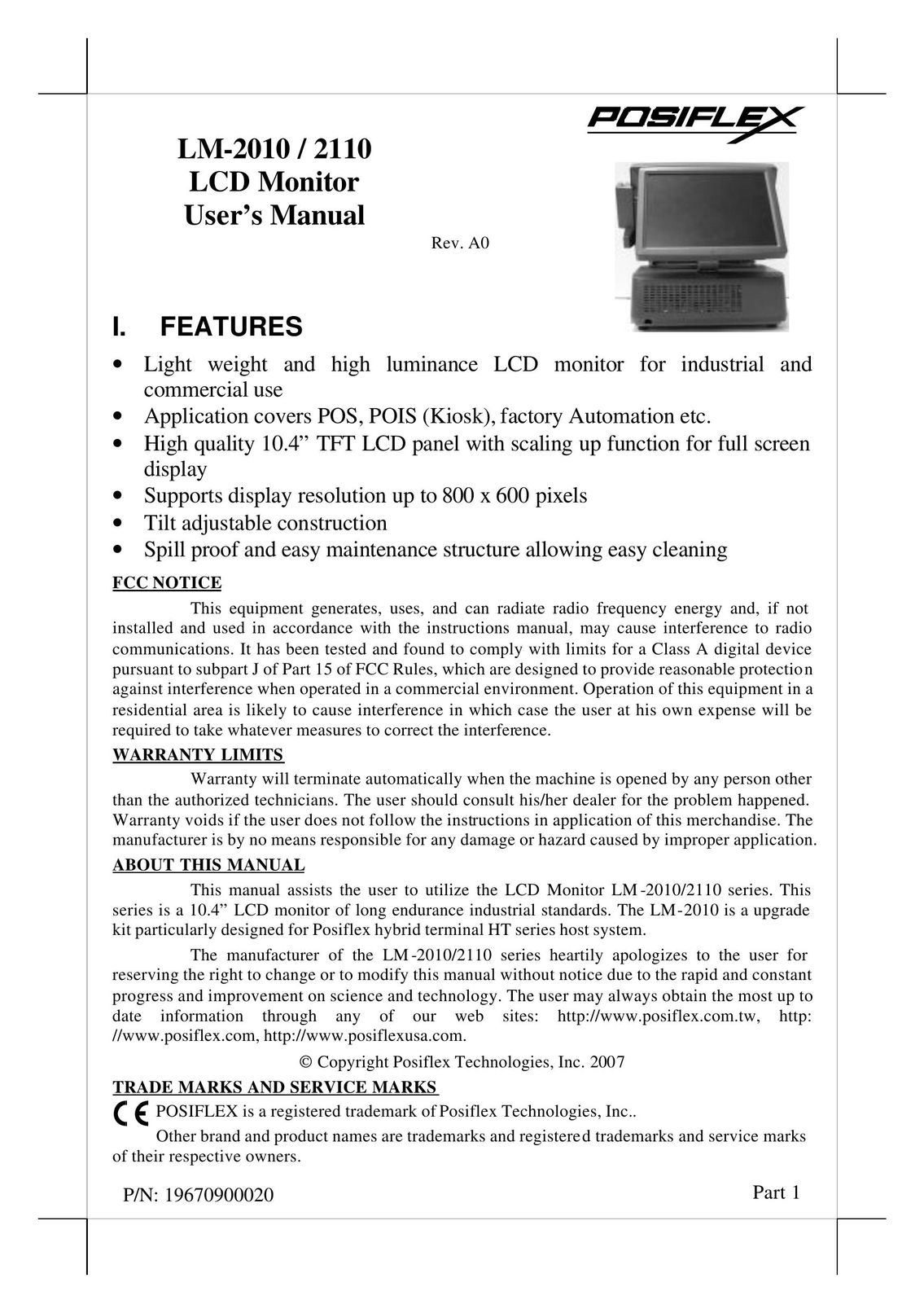 POSIFLEX Business Machines LM-2110 Car Video System User Manual