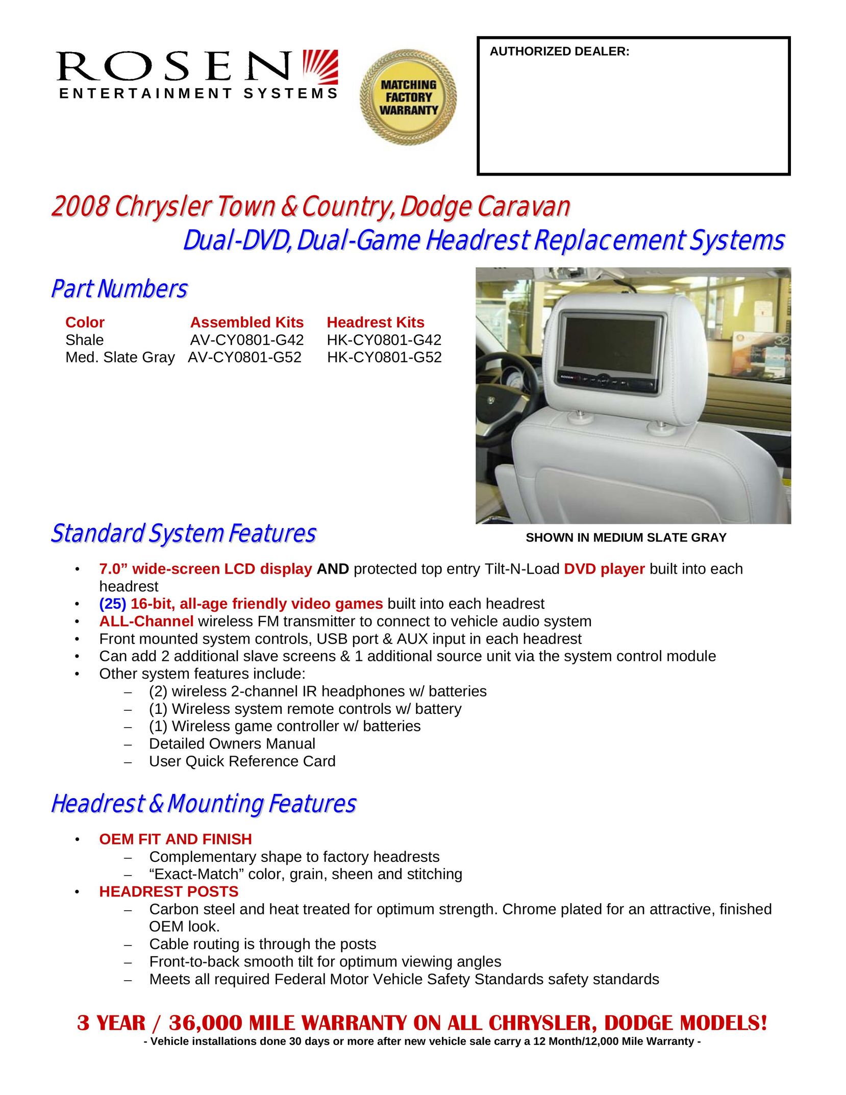 Rosen Entertainment Systems AV-CY0801-G42 Car Video System User Manual