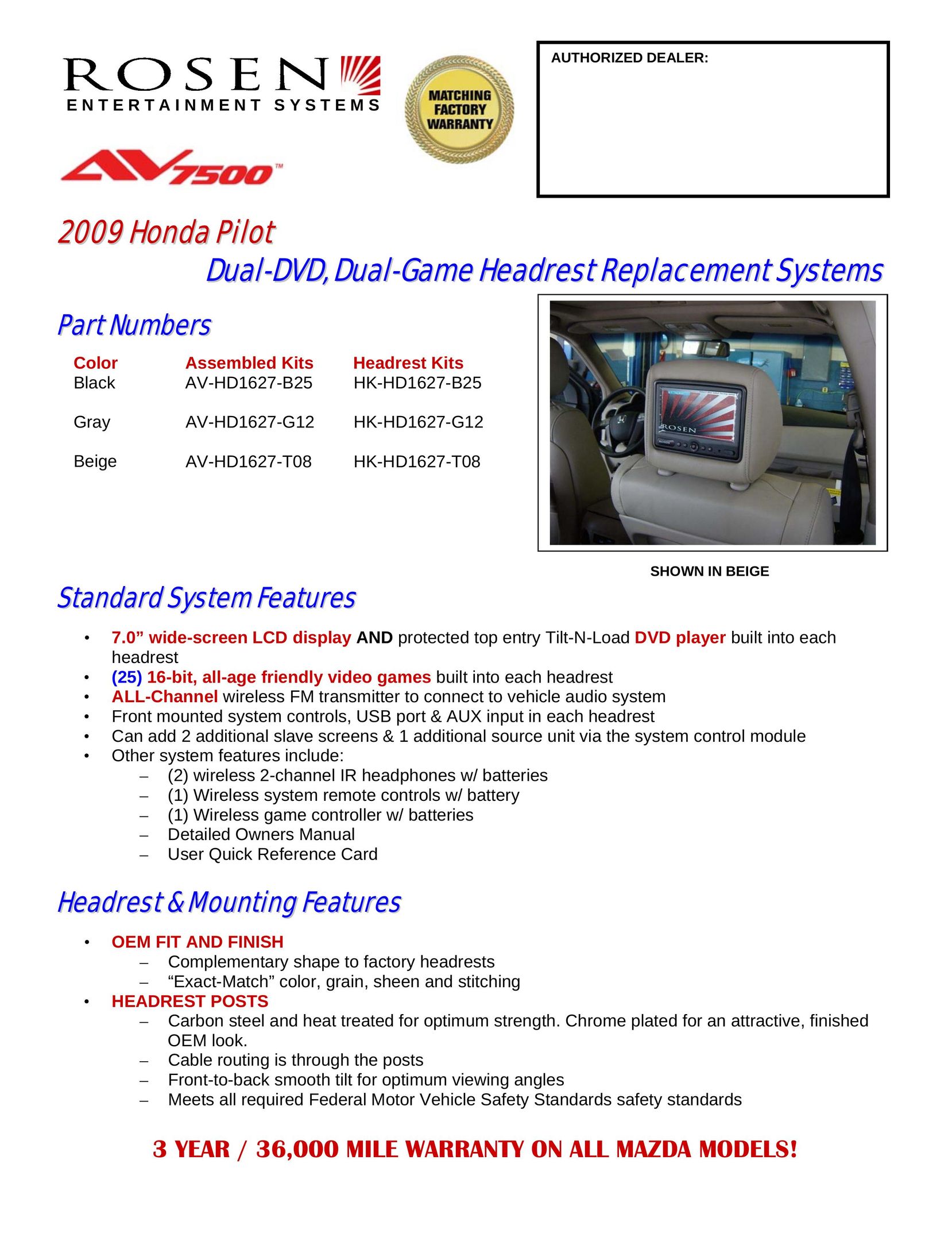 Rosen Entertainment Systems AV-HD1627-B25 Car Video System User Manual