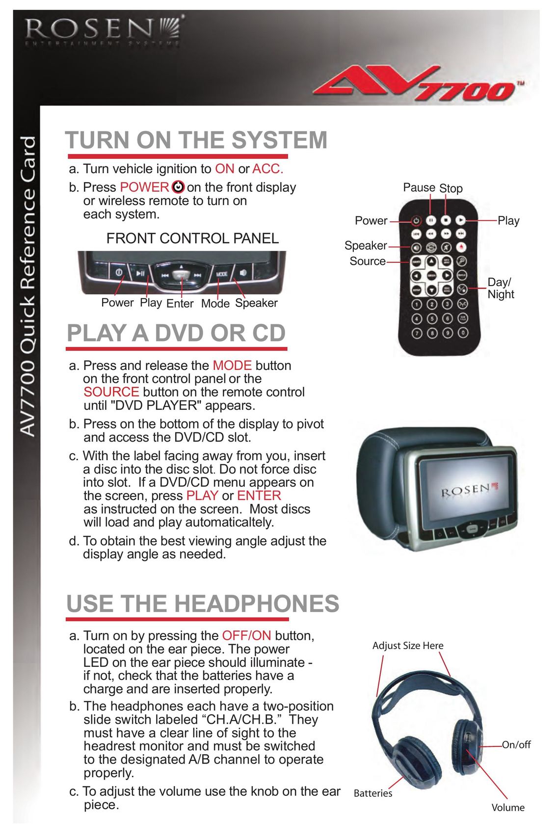 Rosen Entertainment Systems AV7700 Car Video System User Manual