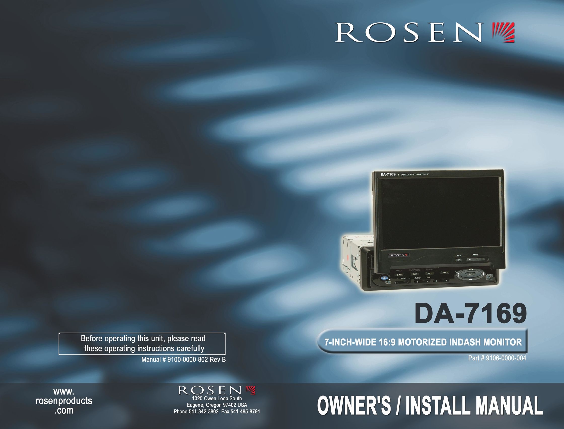 Rosen Entertainment Systems DA-7169 Car Video System User Manual
