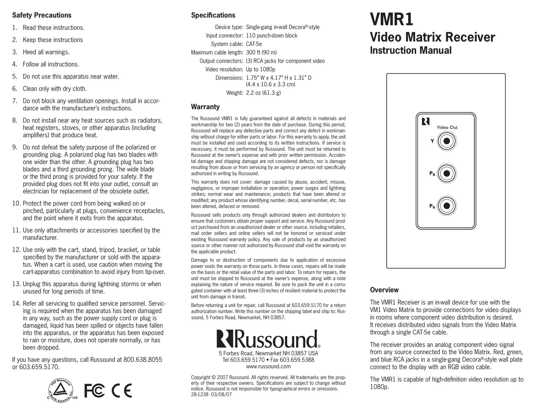 Russound VMR1 Car Video System User Manual