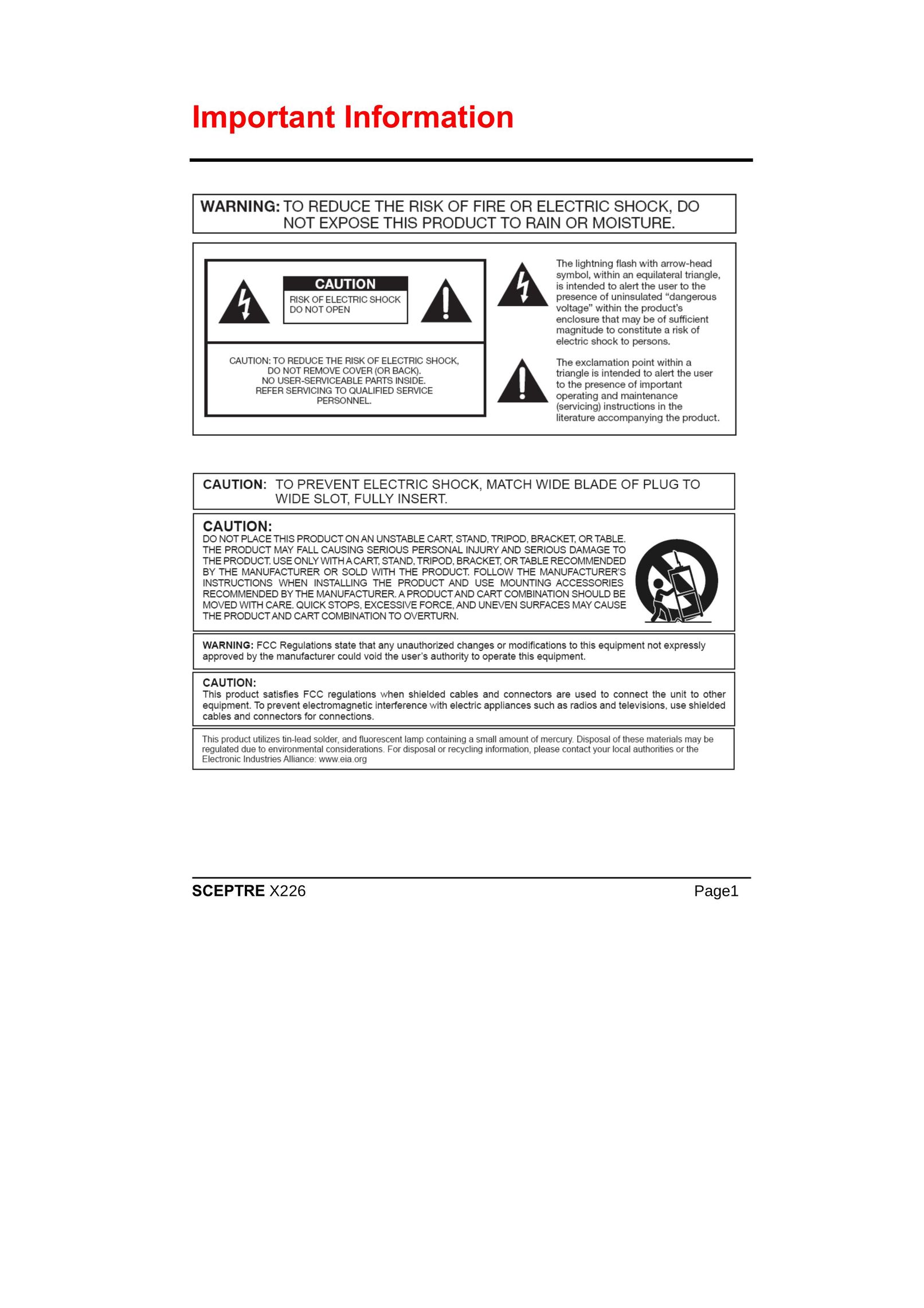 Sceptre Technologies X226 Car Video System User Manual