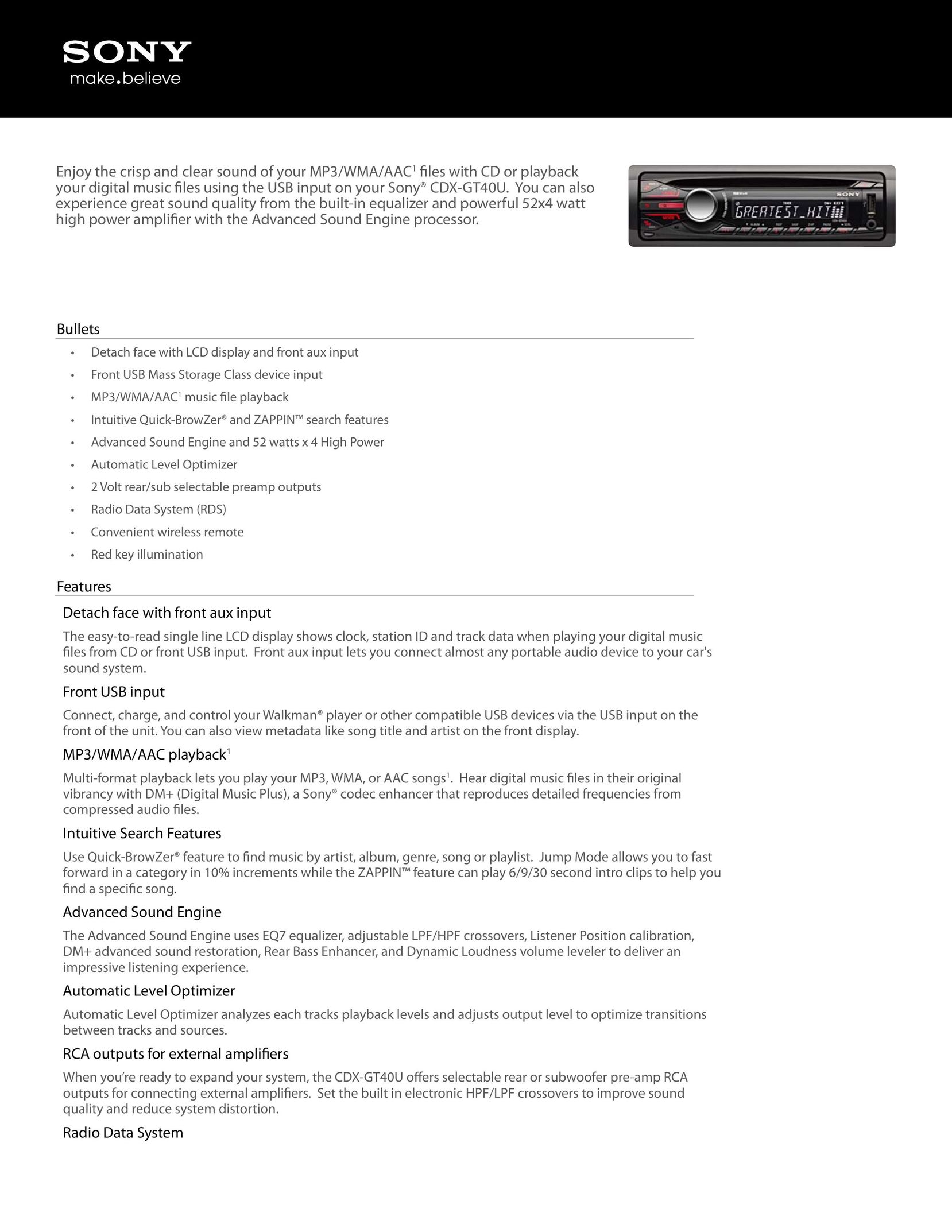 Sony CDX-GT40U Car Video System User Manual
