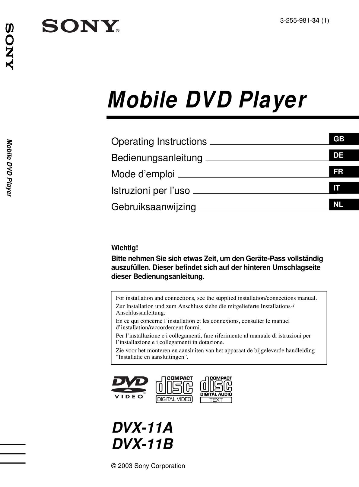 Sony DVX-11B Car Video System User Manual
