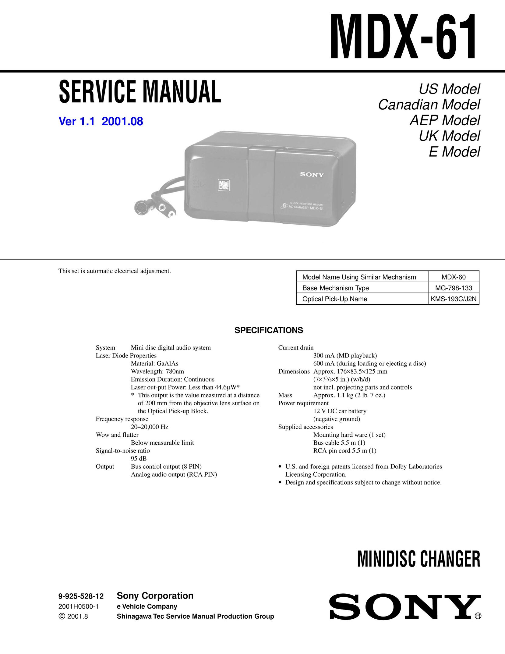 Sony MDX-61 Car Video System User Manual