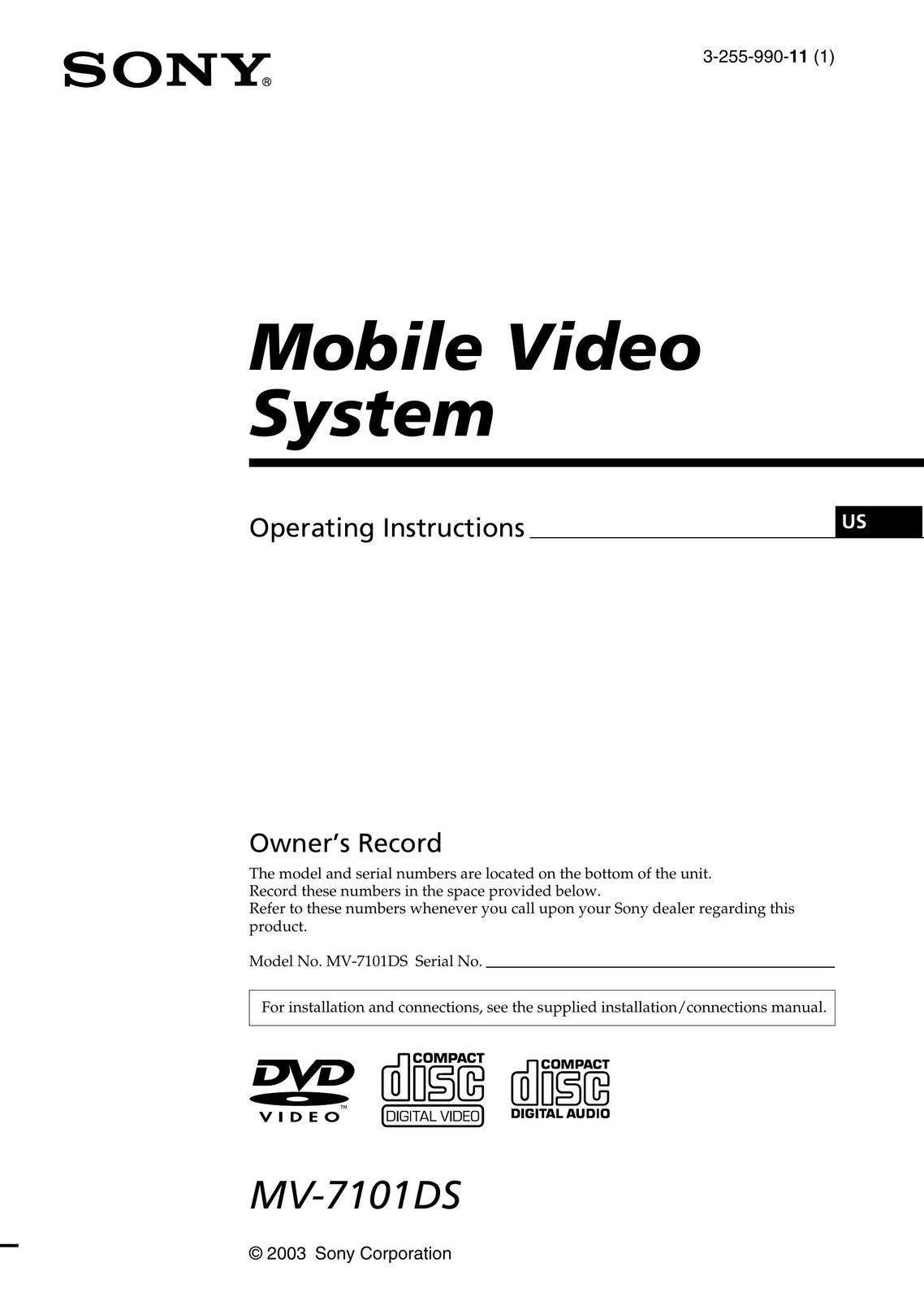 Sony MV-7101DS Car Video System User Manual