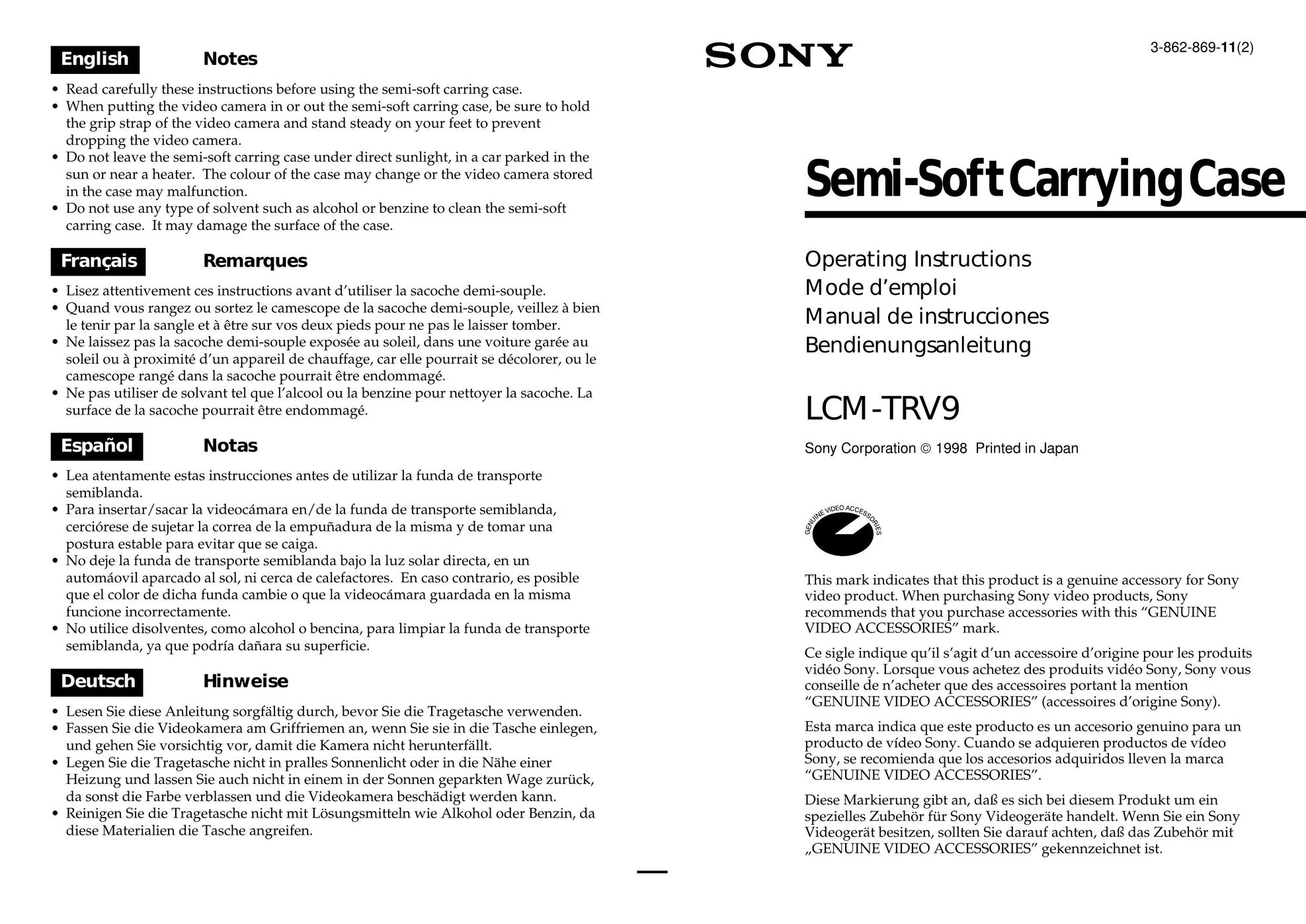 Sony LCM-TRV9 Carrying Case User Manual