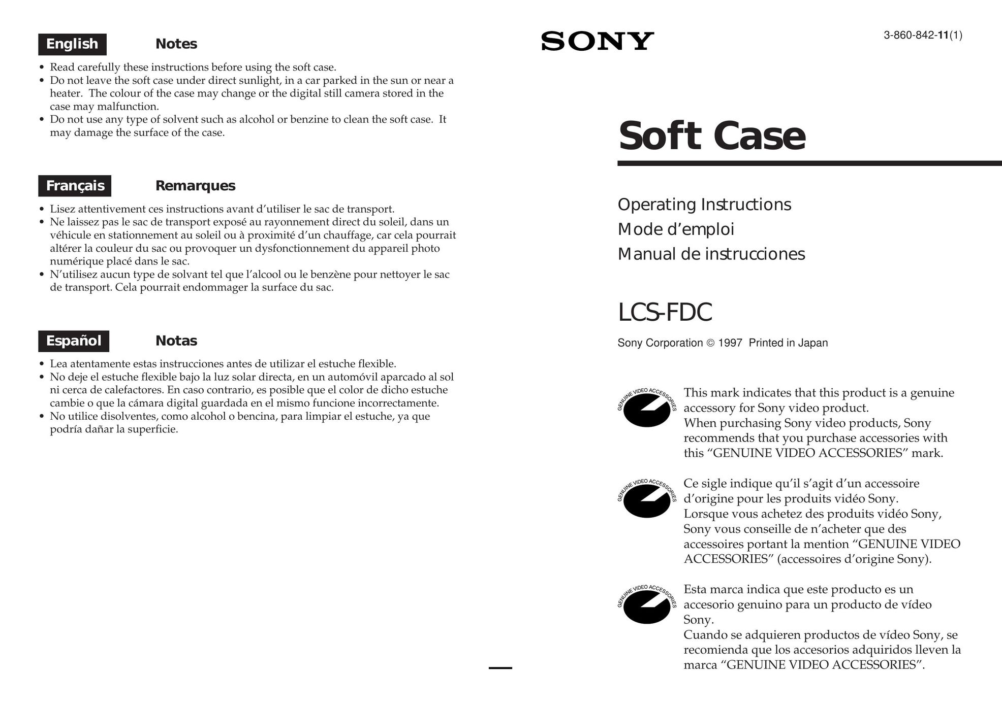 Sony LCS-FDC Carrying Case User Manual