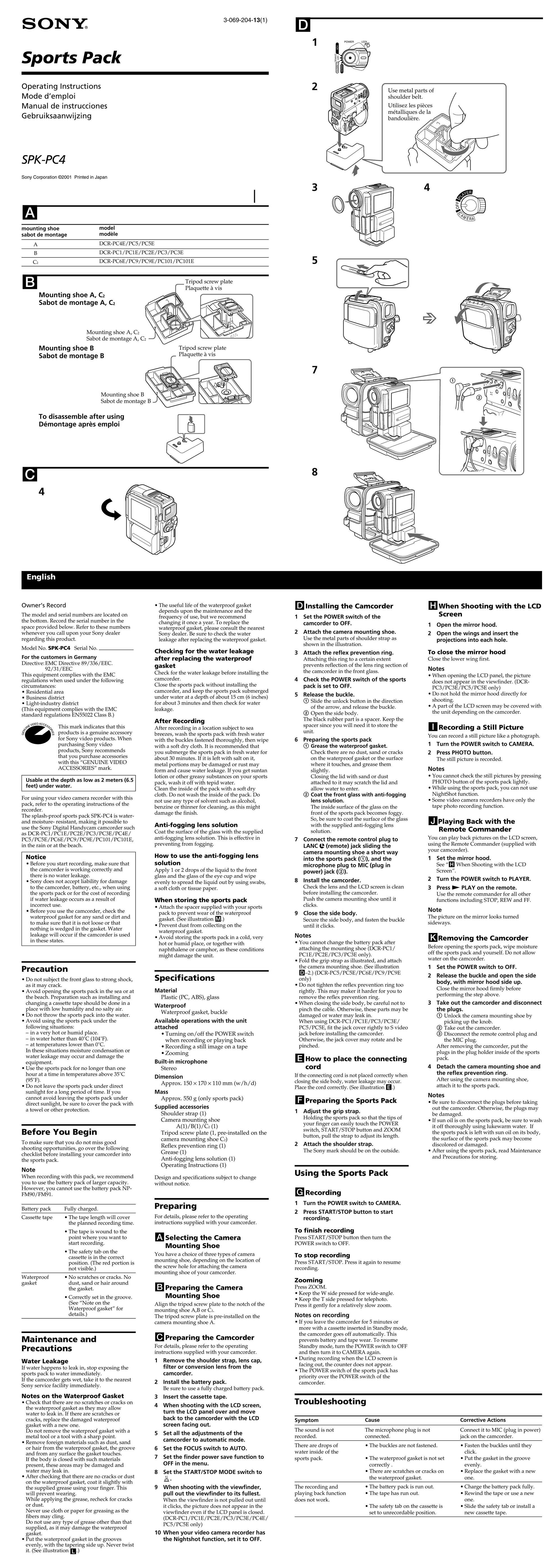 Sony SPK-PC4 Carrying Case User Manual