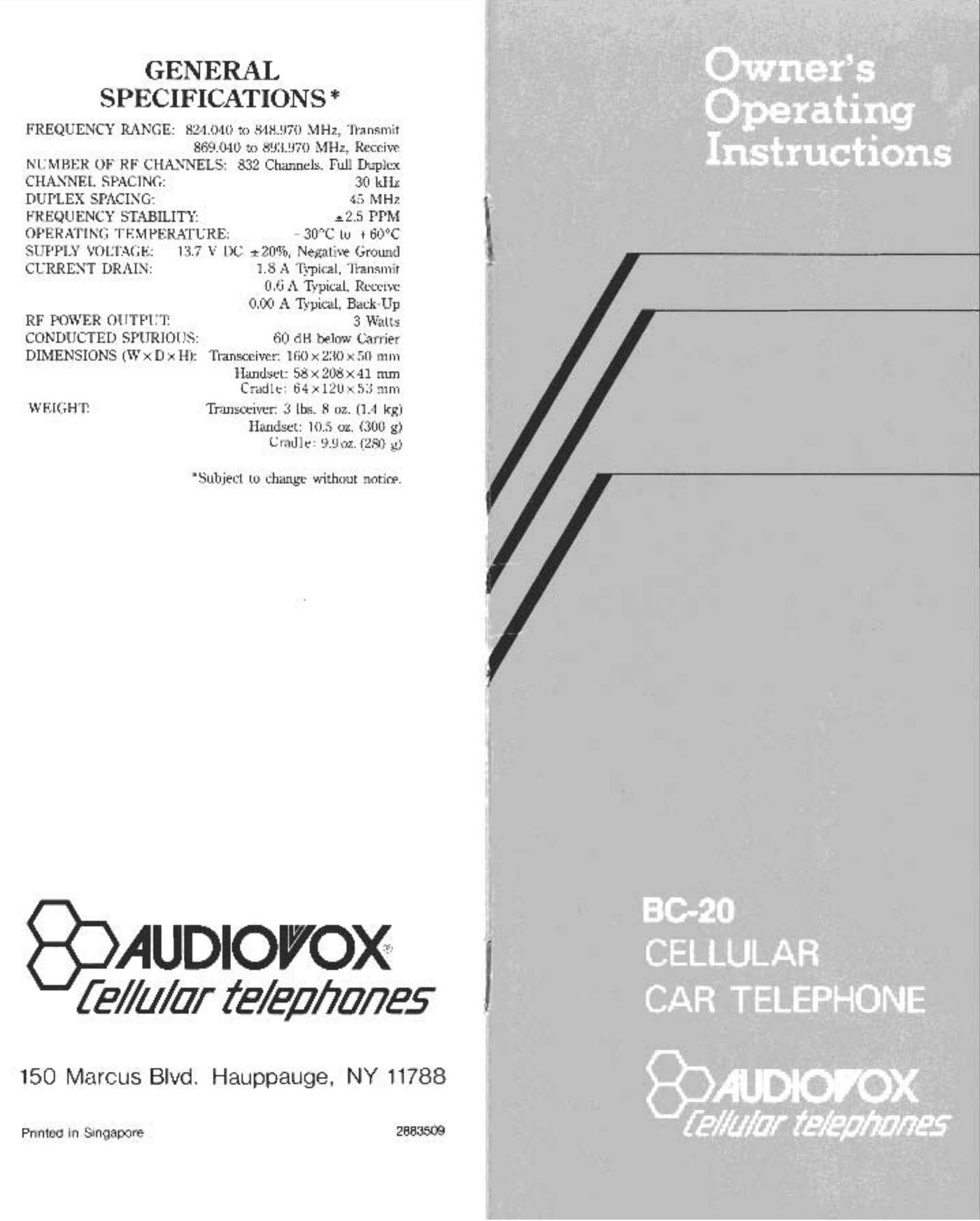 Audiovox BC-20 Cell Phone User Manual