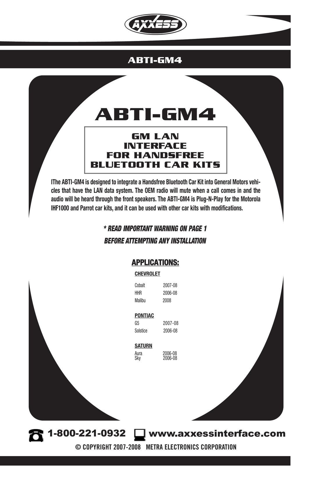 Axxess Interface ABTI-GM4 Cell Phone User Manual