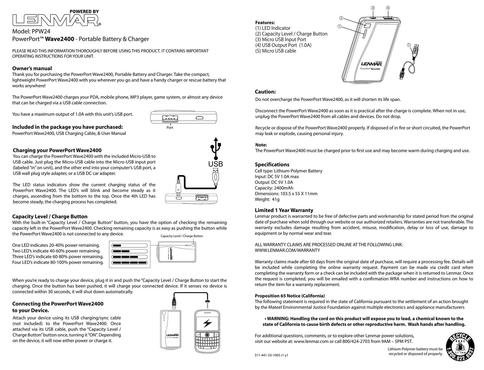 Lenmar Enterprises PPW24 Cell Phone User Manual
