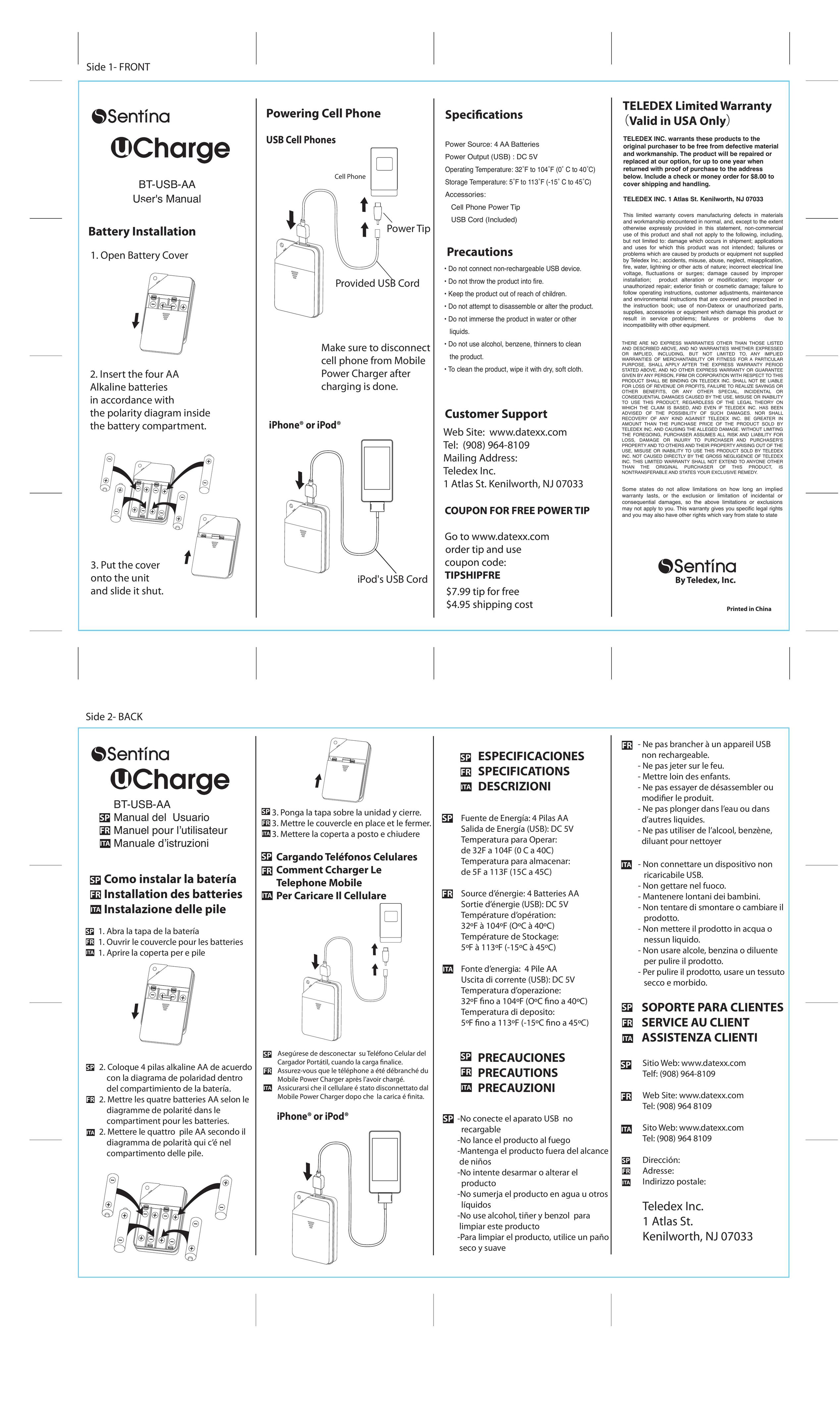 Datexx BT-USB-AA Cell Phone Accessories User Manual