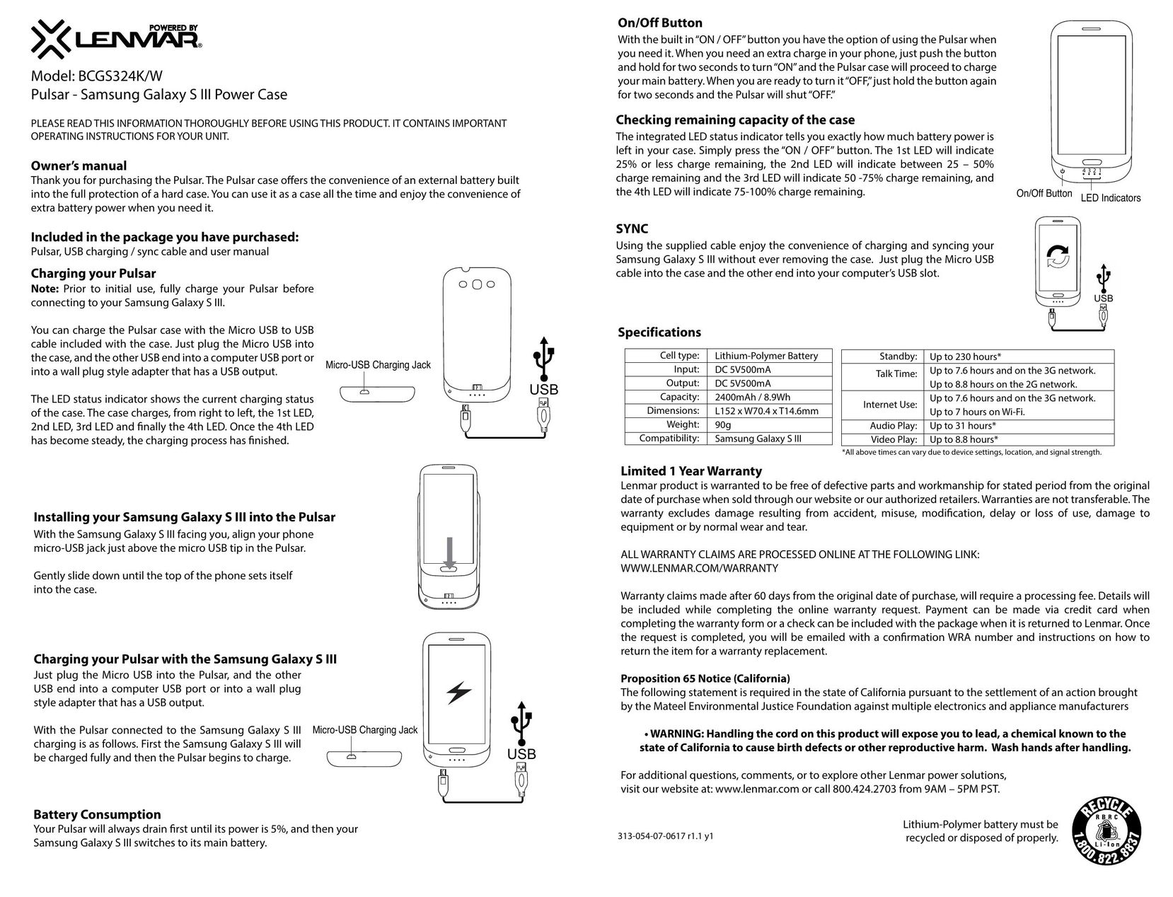 Lenmar Enterprises BCGS324K/W Cell Phone Accessories User Manual