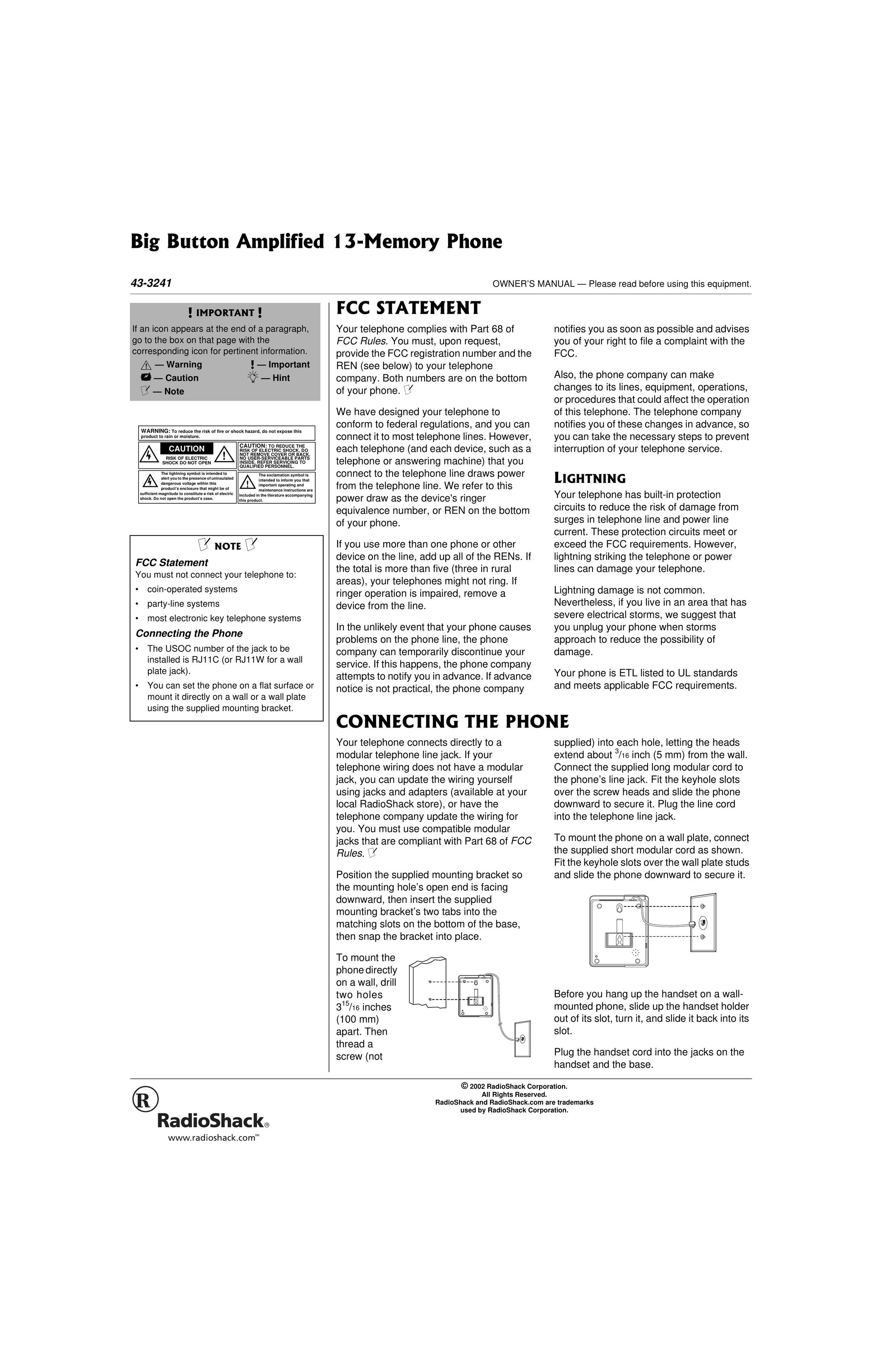 Radio Shack 43-3241 Amplified Phone User Manual