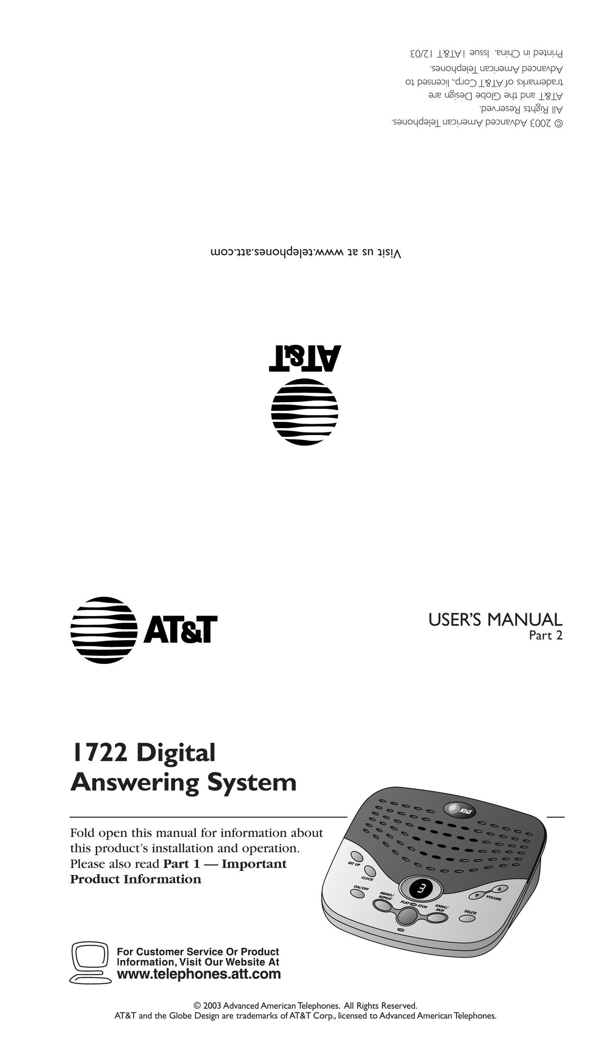 AT&T 1722 Answering Machine User Manual