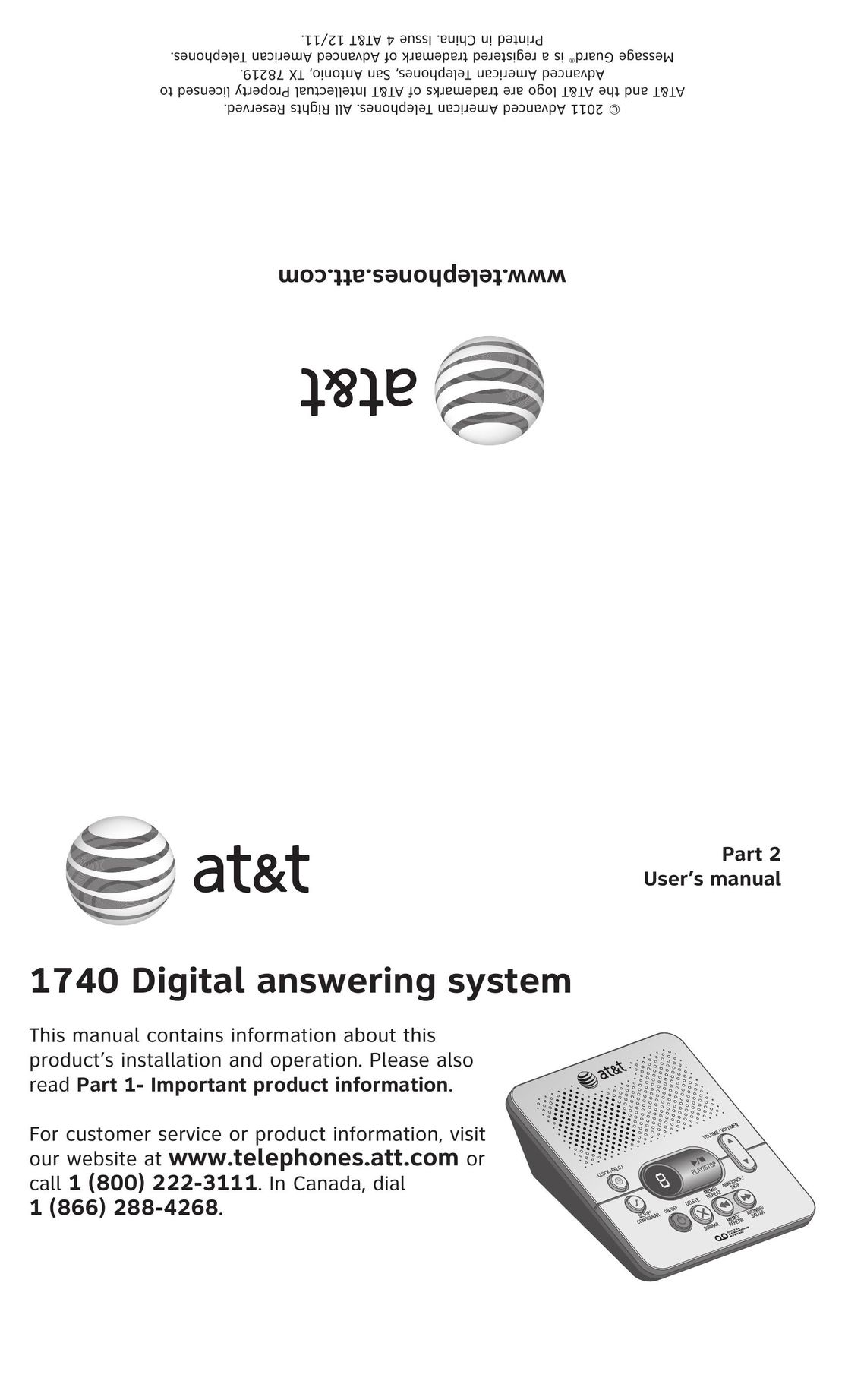 AT&T 1740 Answering Machine User Manual