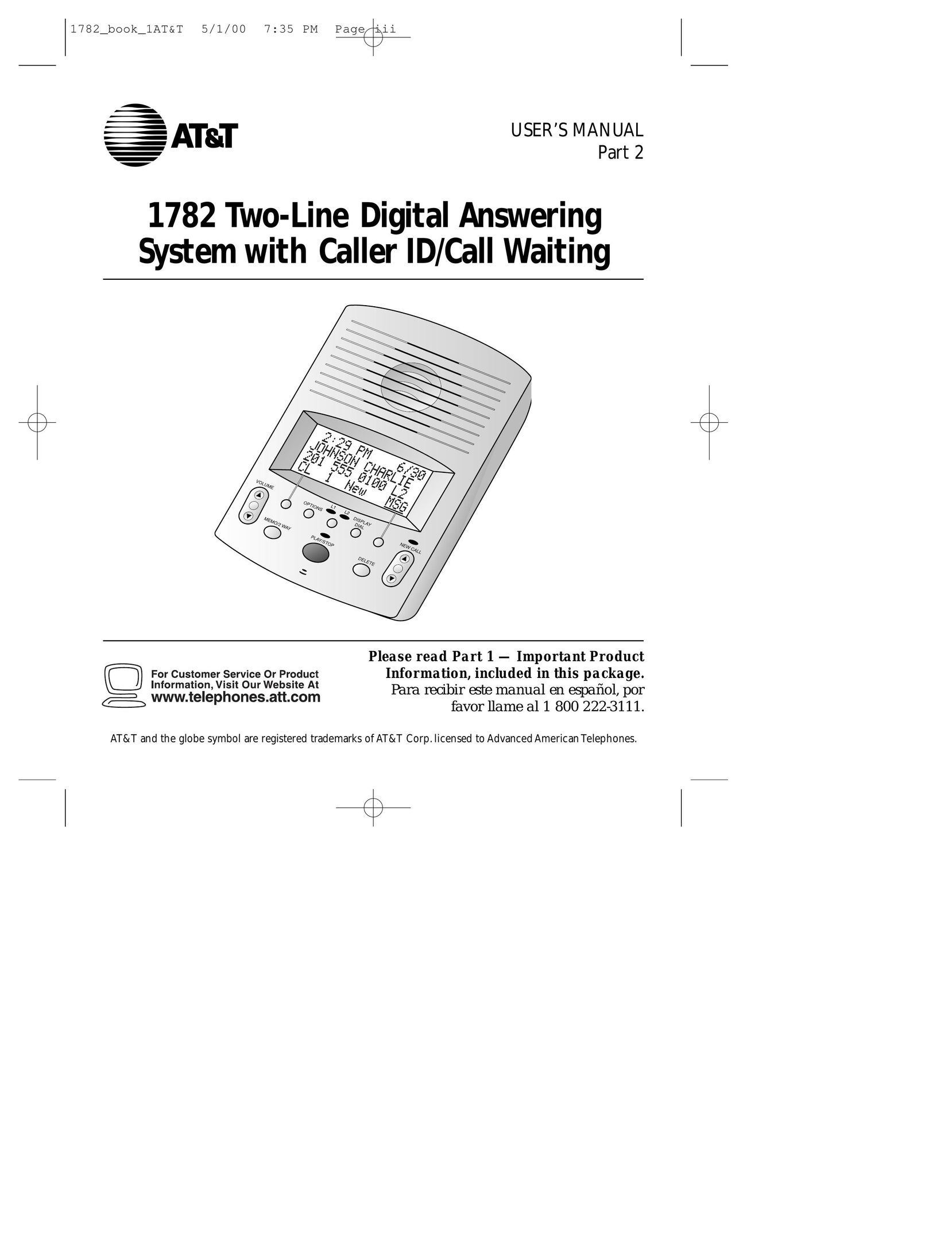 AT&T 1782 Answering Machine User Manual