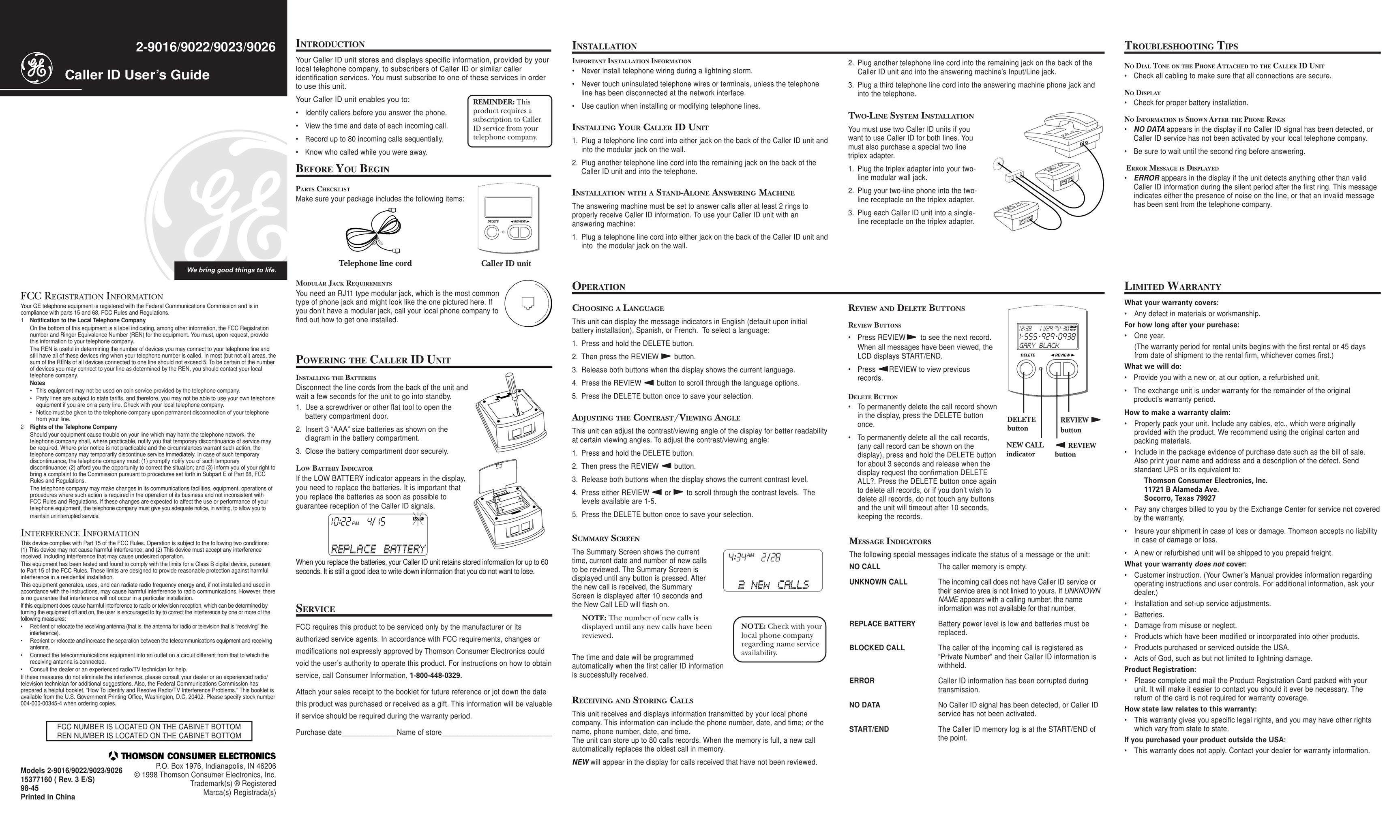 GE 2-9022 Answering Machine User Manual