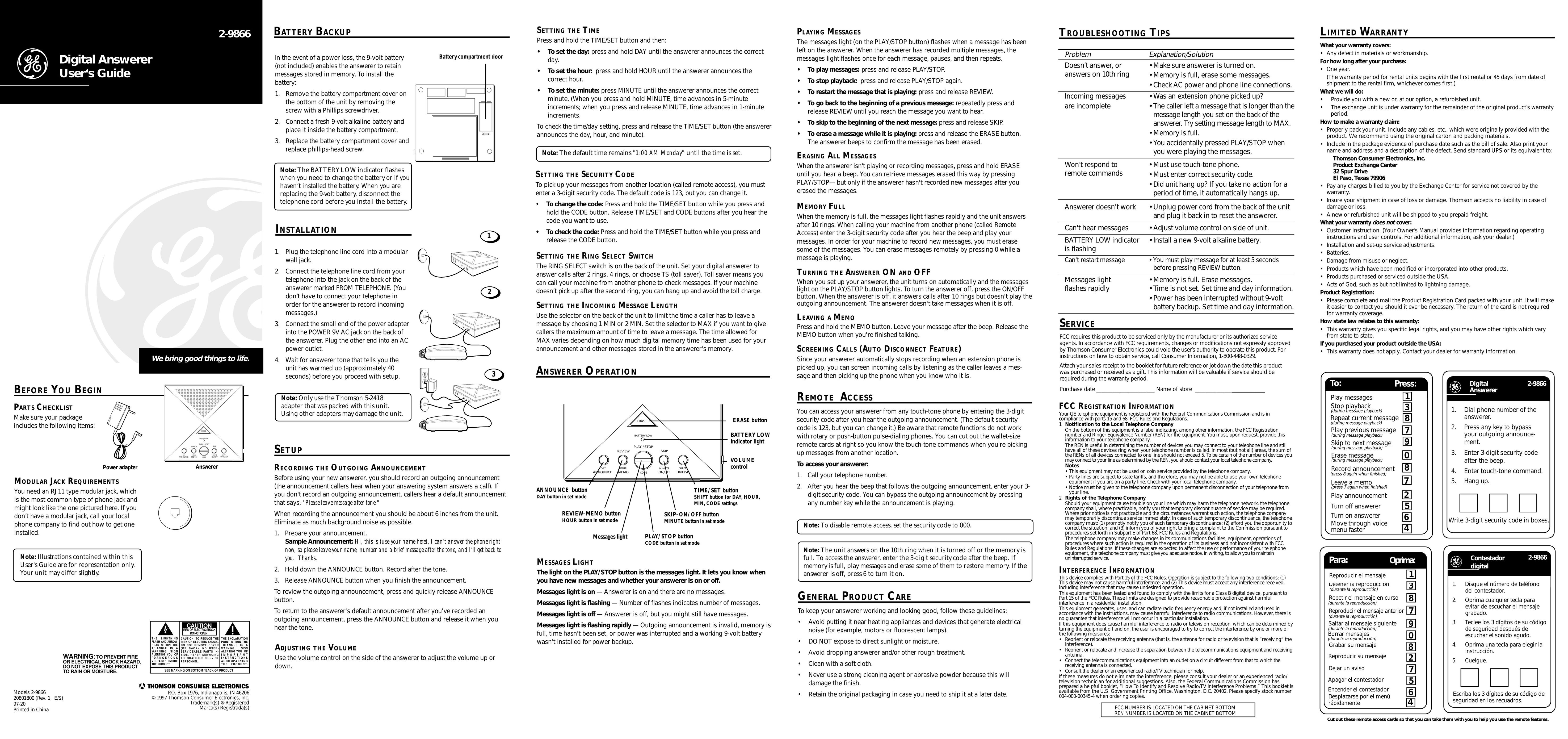 GE 2-9866 Answering Machine User Manual