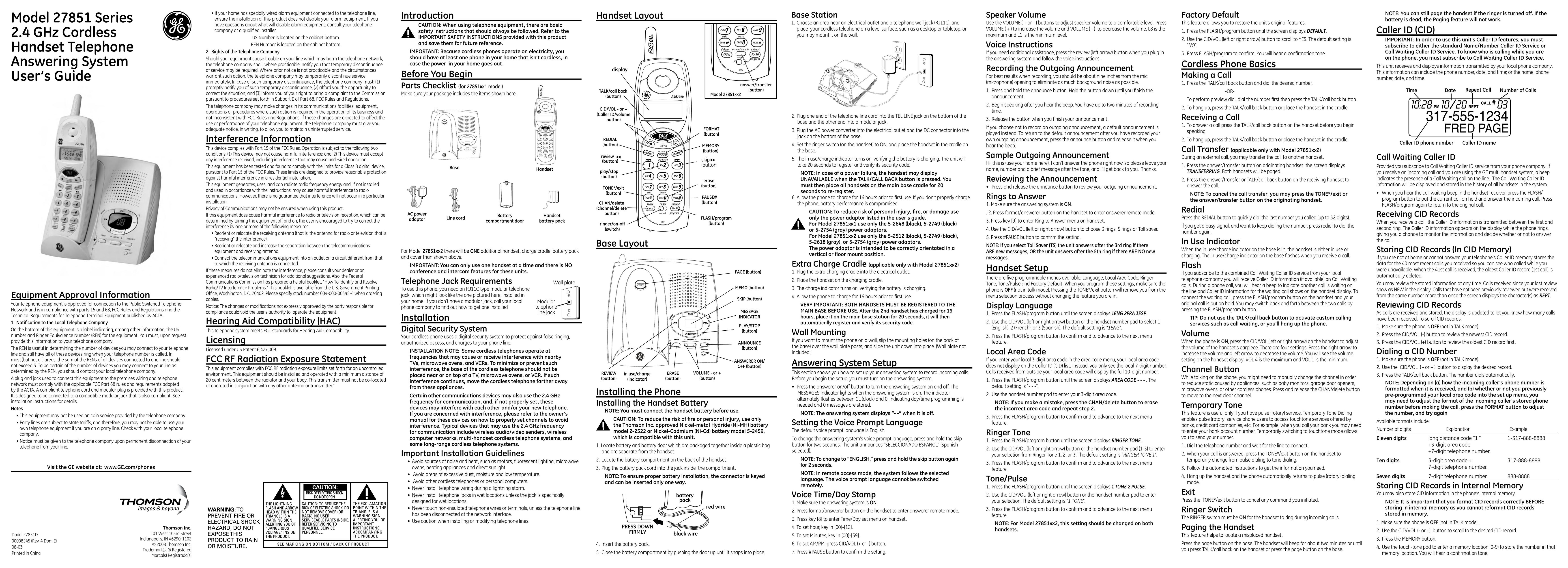 GE 27851FE1 Answering Machine User Manual