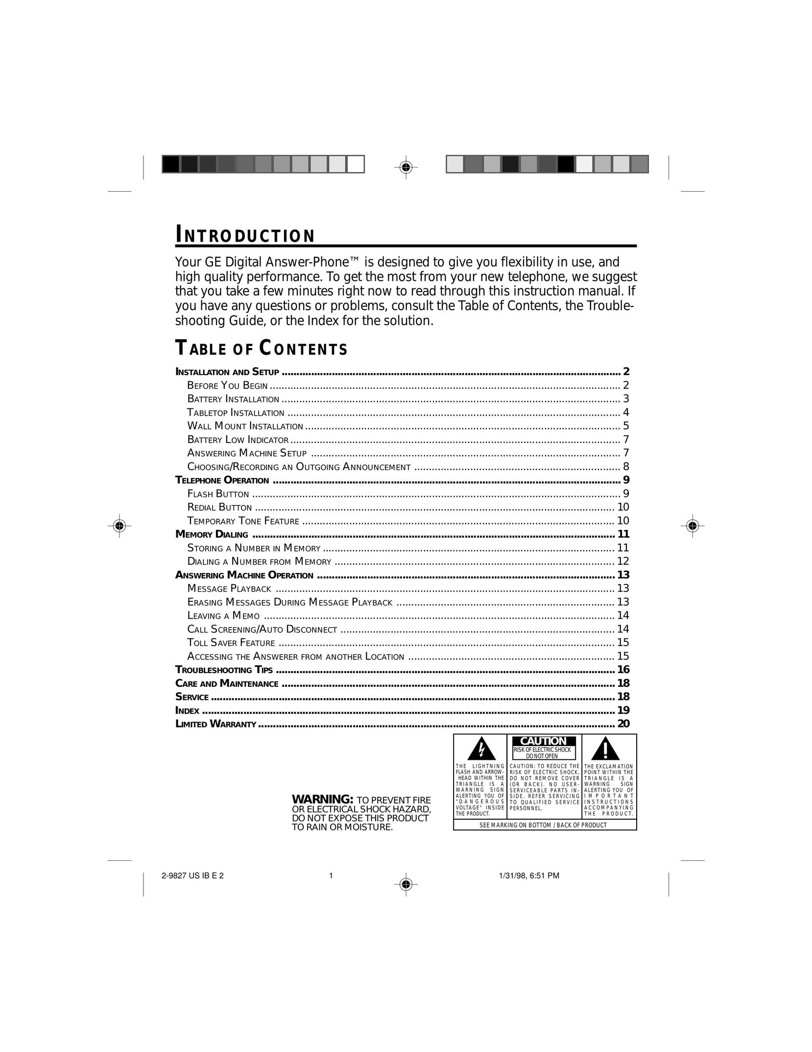 GE 347A8329-0001 Answering Machine User Manual