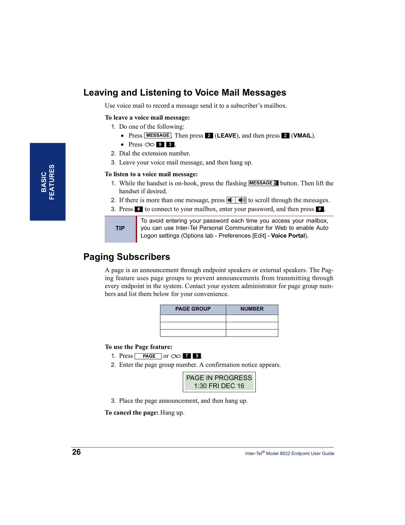 Inter-Tel 8622 Answering Machine User Manual