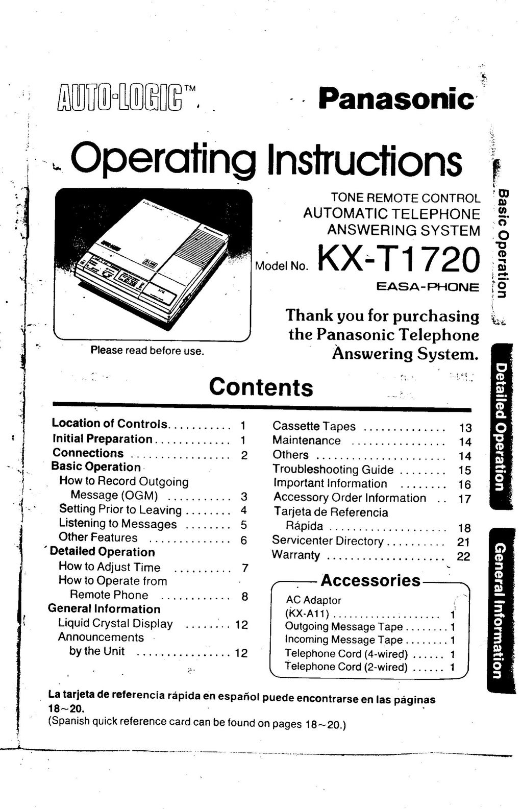 Panasonic KX-T1720 Answering Machine User Manual