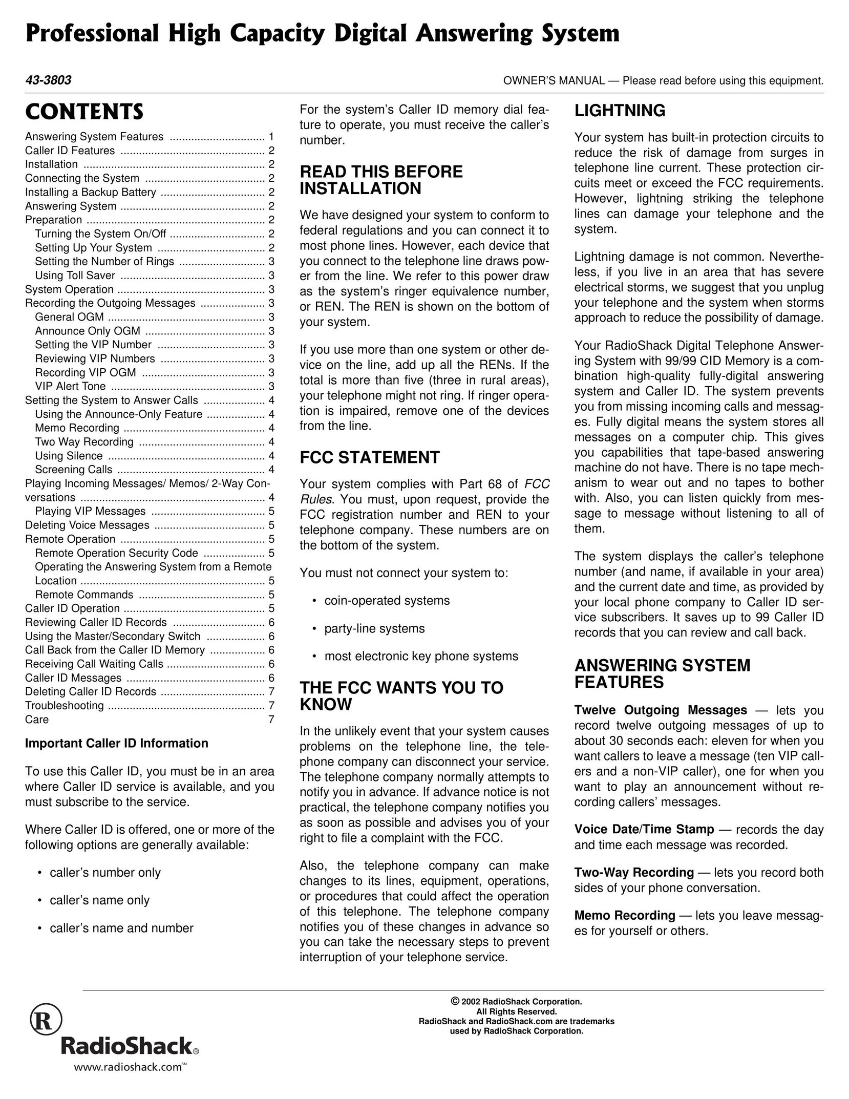 Radio Shack 43-3803 Answering Machine User Manual