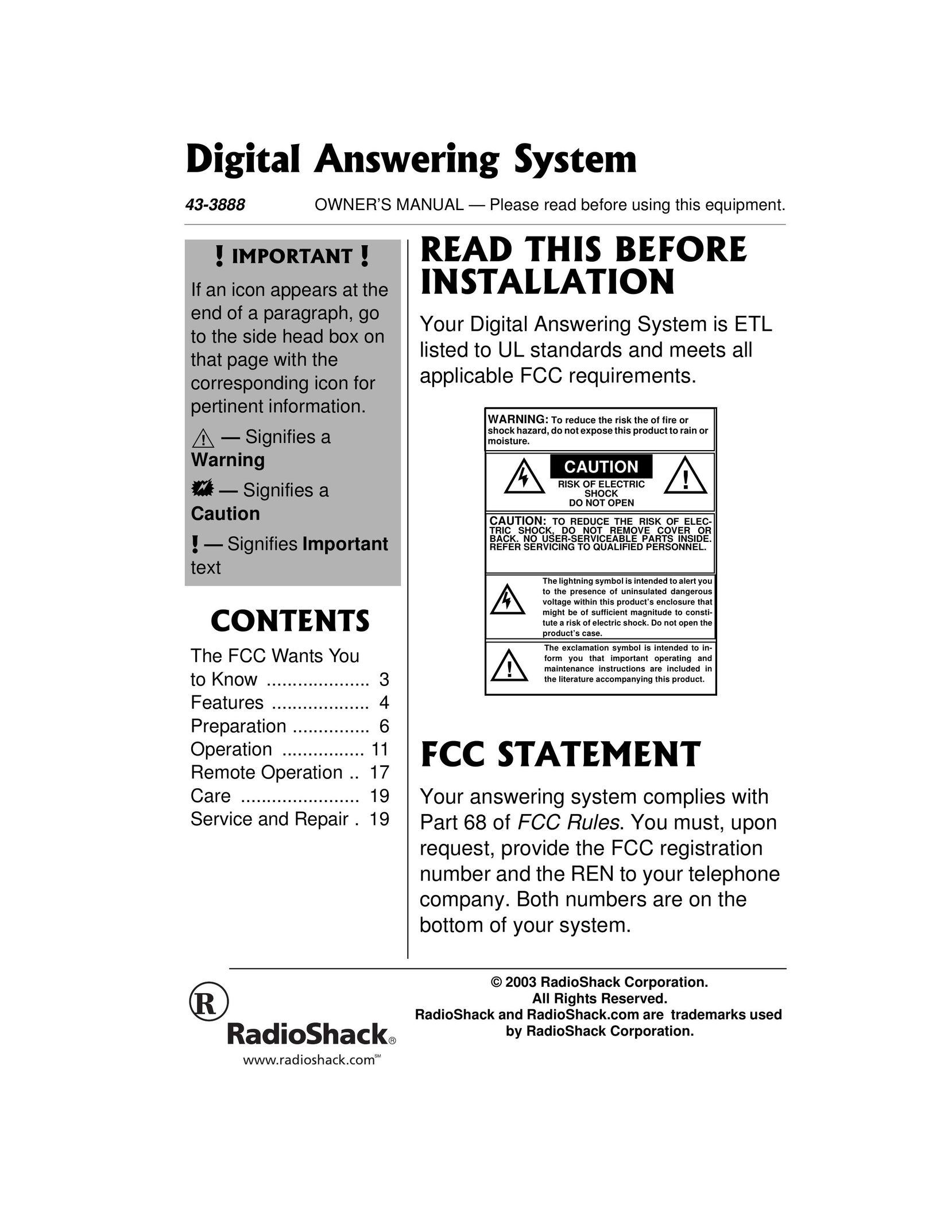 Radio Shack 43-3888 Answering Machine User Manual