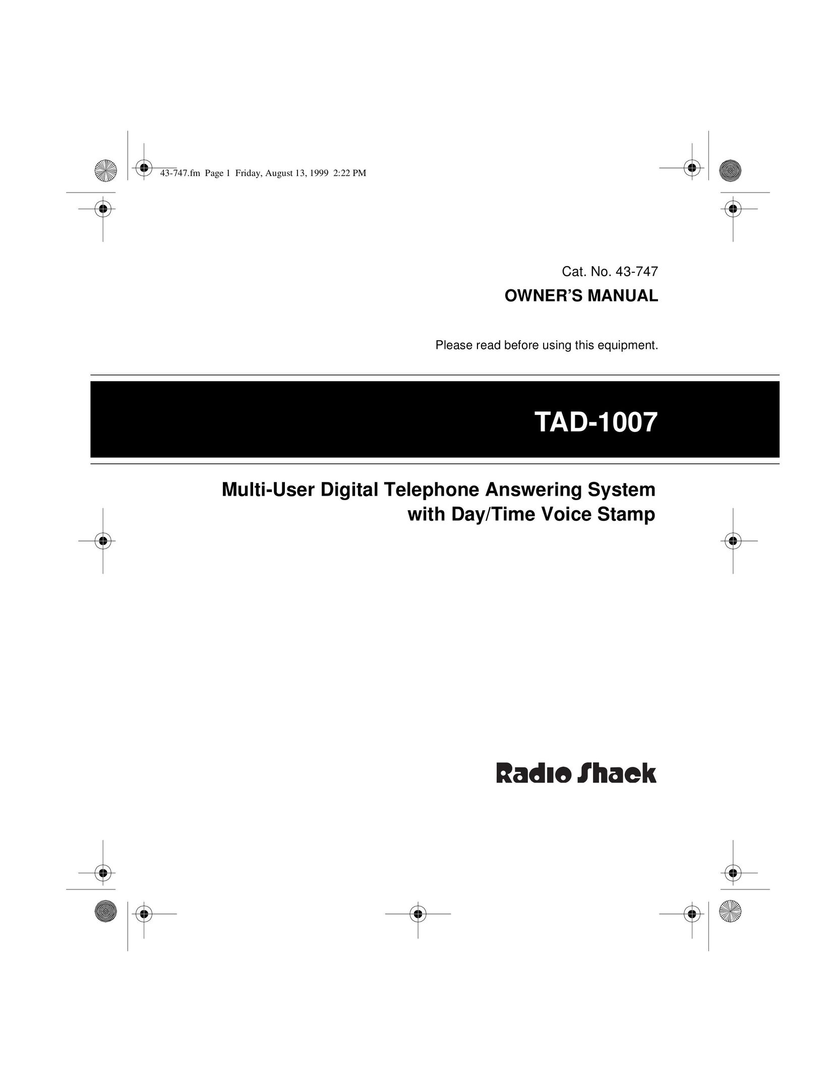 Radio Shack TAD-1007 Answering Machine User Manual